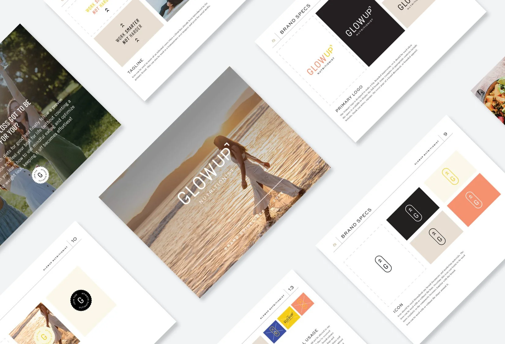 Brand presentation with logo and design elements for "Glow Up Nutritionist." Includes color scheme, typography, and a lifestyle image on a beach.