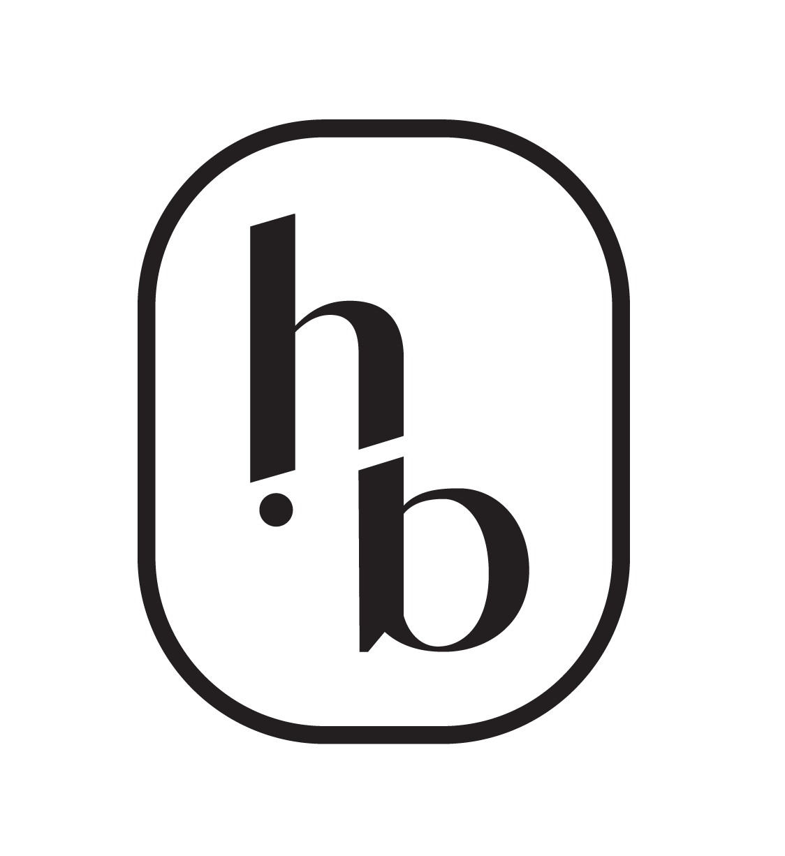 Black square with rounded edges containing a large lowercase 'h' and 'b' separated by an exclamation mark in the center.