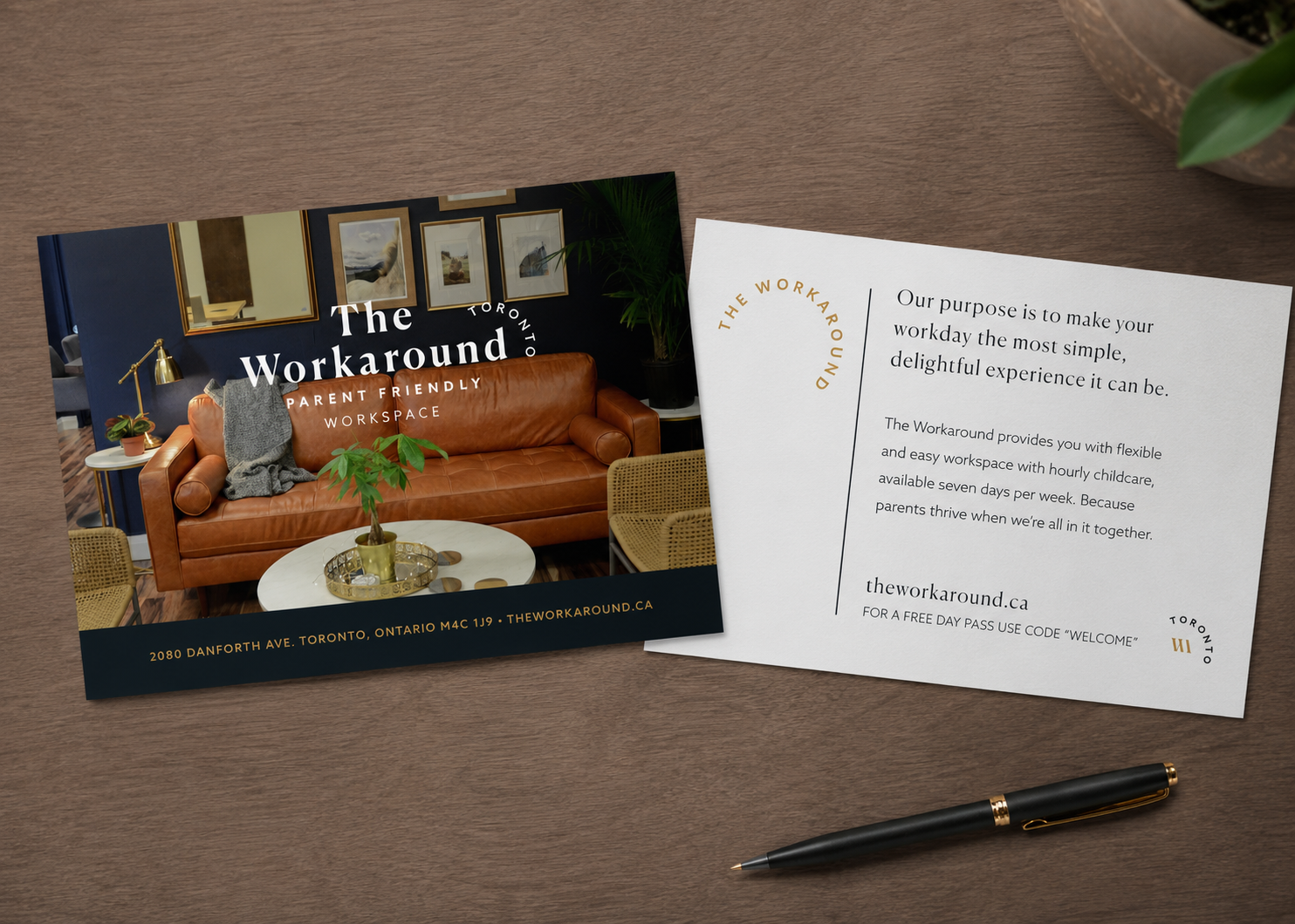 Flyer advertising The Workaround, a parent-friendly workspace in Toronto, showing a cozy office interior with a brown leather sofa, framed art on the walls, and plants. Flyer includes website, address, and promotional information.