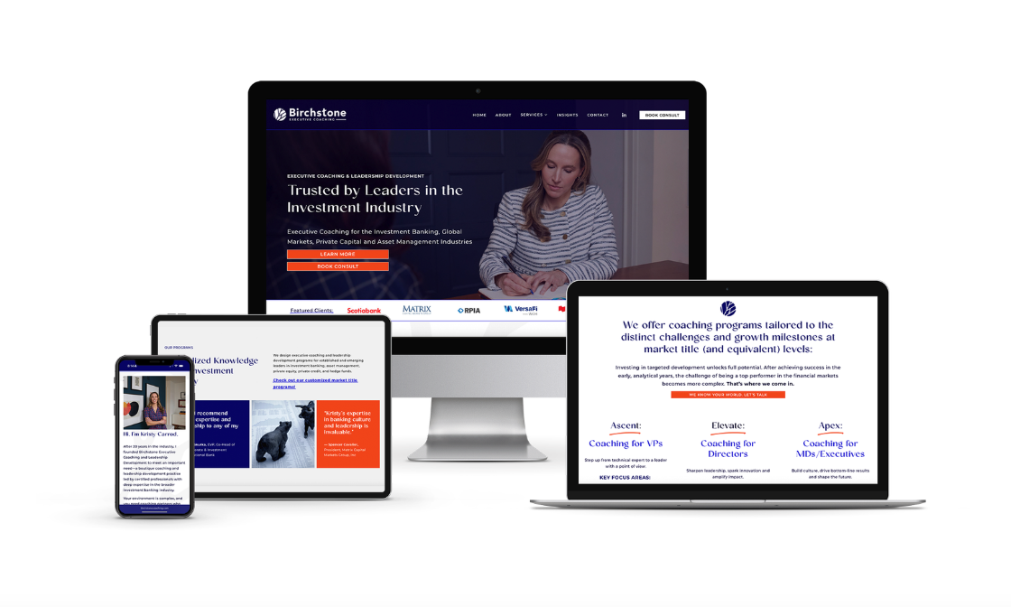 A website displayed on multiple devices, including a desktop, tablet, laptop, and smartphone, for Birchstone executive coaching and leadership development, featuring sections about investment industry coaching, client testimonials, and tailored programs for executives.