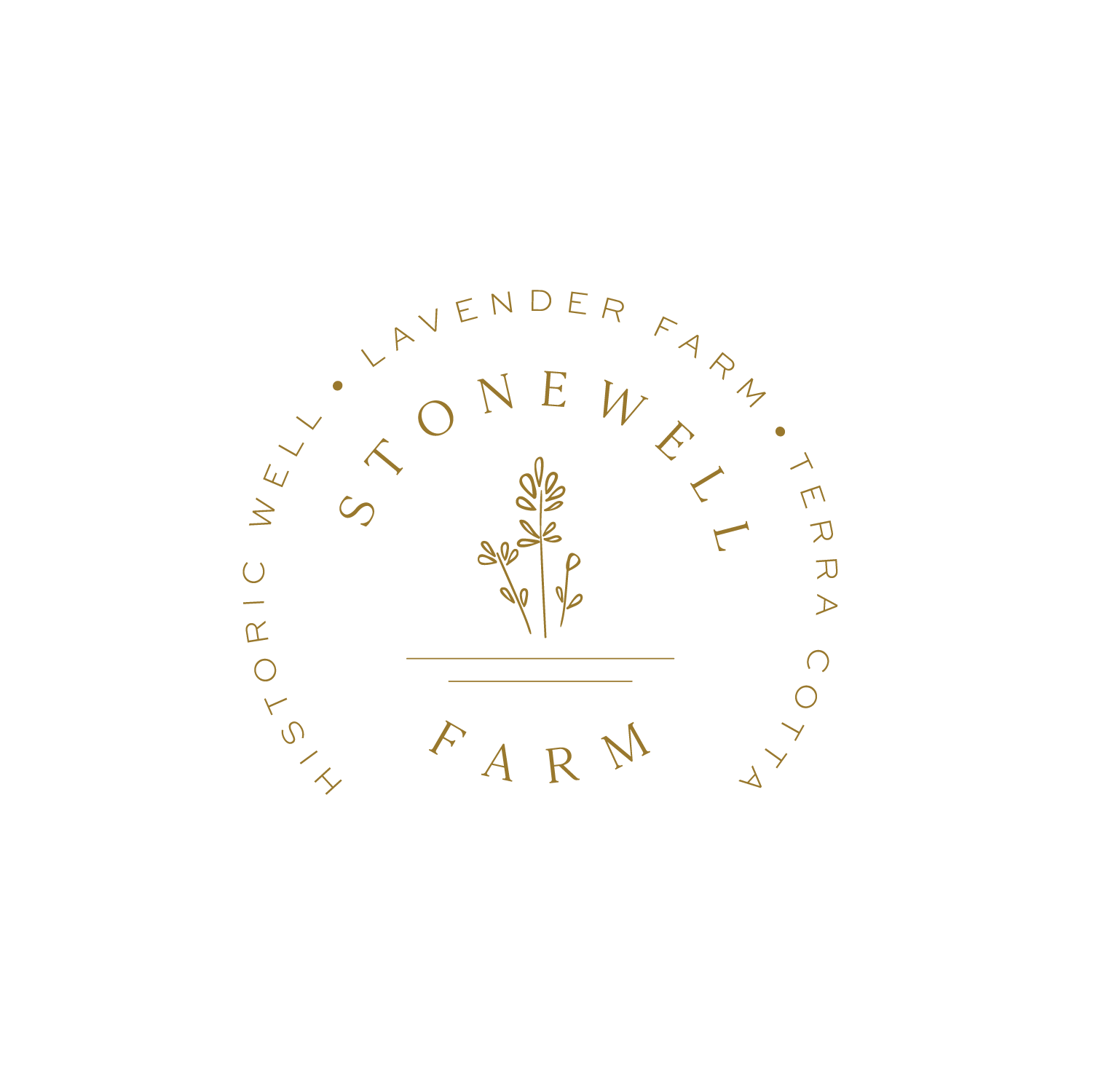 A circular logo with the words "LAVENDER FARM, STORY TELLER, FARM" arranged around a simple line drawing of a lavender plant. The text and illustration are in gold on a black background.