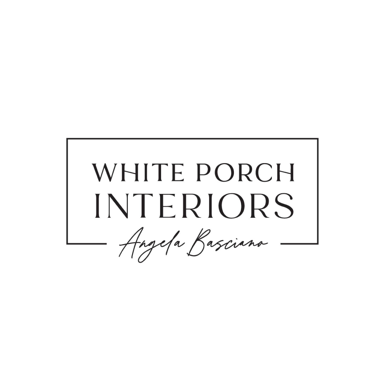 Black logo with a frame and text that reads 'White Porch Interiors, Angela Basciano'