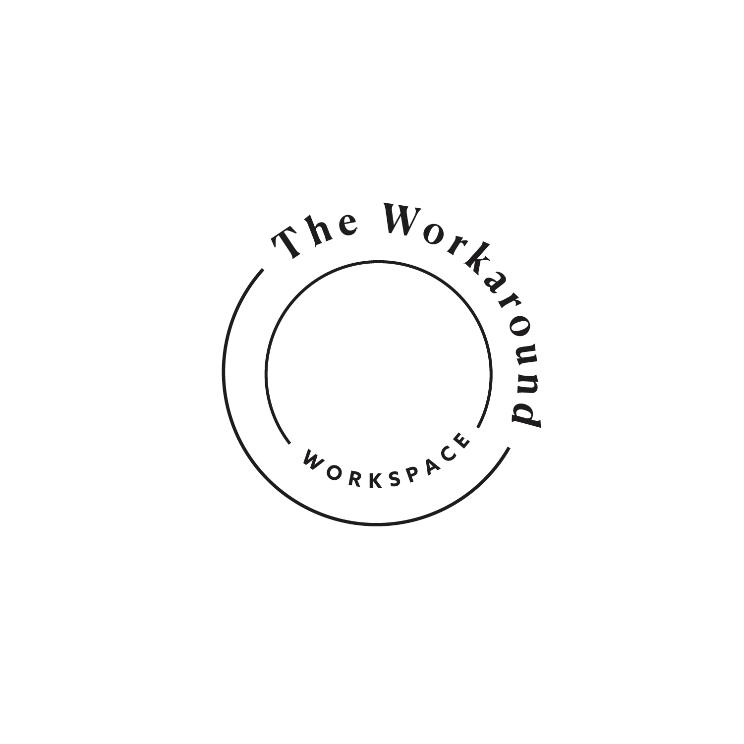 A dark circular logo with the text 'The Workaround Workspace' encircling the center.