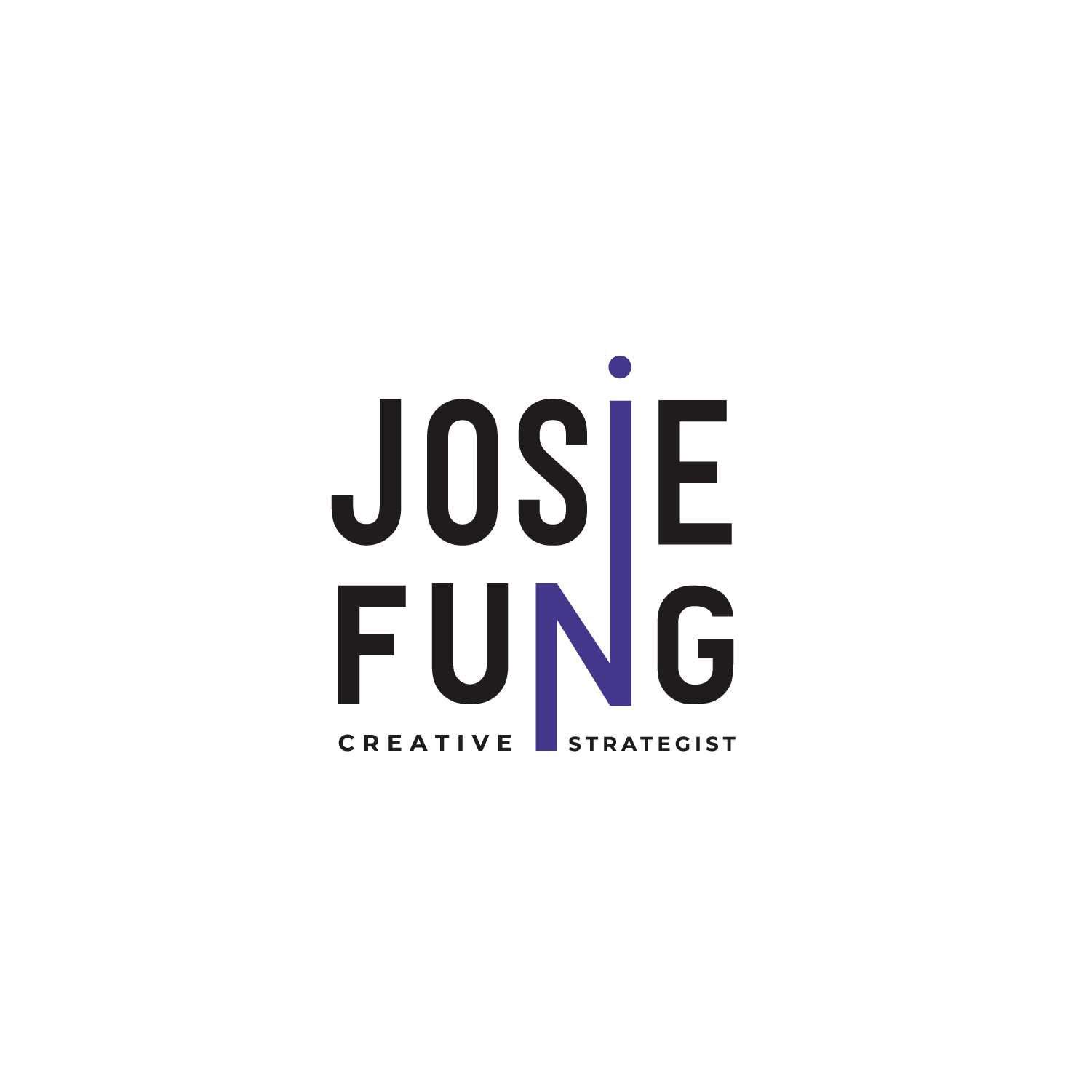 Logo with the words 'Josie Fung' in bold black letters. The letter 'I' in 'Josie' and the letter 'N' in 'Fung' are stylized as a purple vertical line. Below the name, the words 'Creative Strategist' are written in smaller black font.