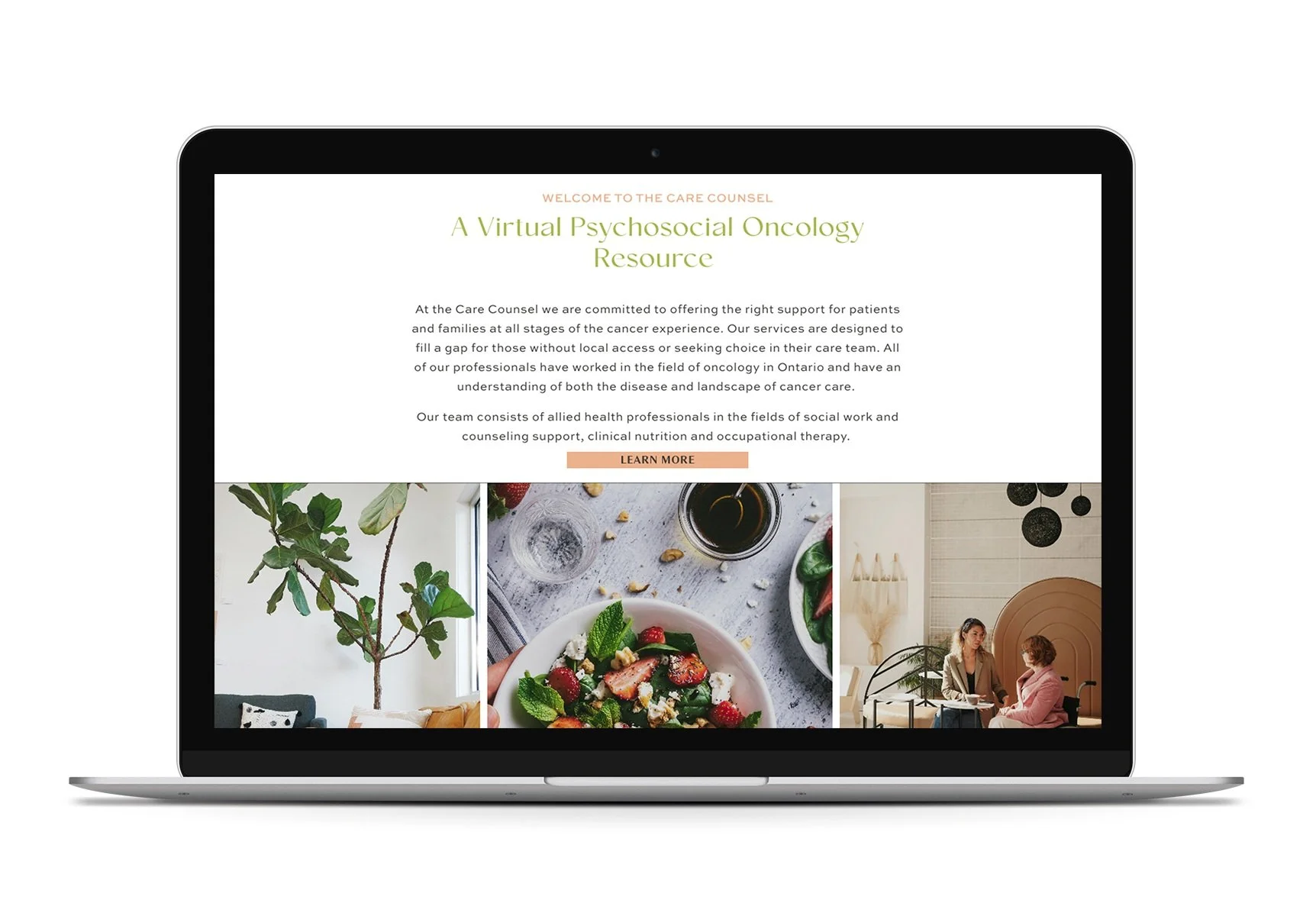 Laptop displaying a webpage for "A Virtual Psychosocial Oncology Resource," offering support for cancer patients and families. Includes text about services, a "Learn More" button, and images of plants, food, and two people talking.