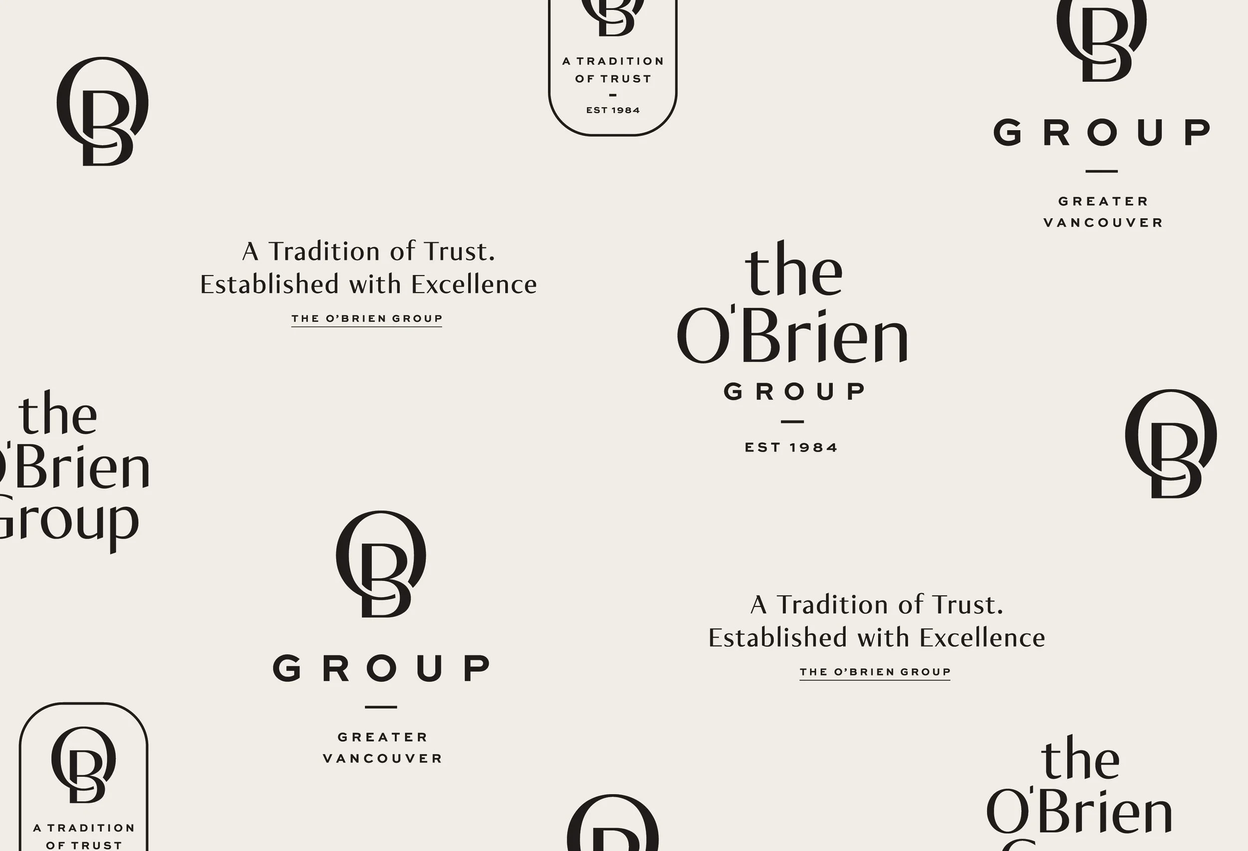 Pattern with the logo and name of the O'Brien Group, including text 'A Tradition of Trust. Established with Excellence' and 'Greater Vancouver'.