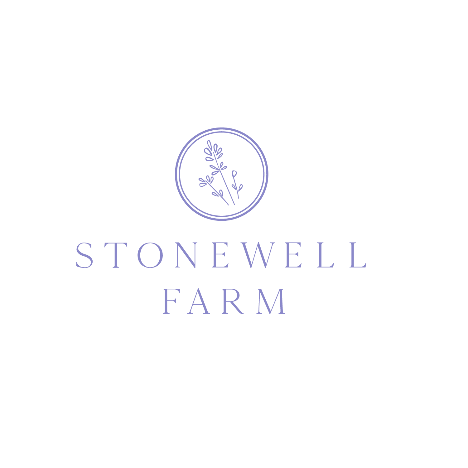 Logo for Stonewell Farm featuring a simple line drawing of a sprig of lavender in an oval outline with the words "Stonewell Farm" beneath in elegant purple font.