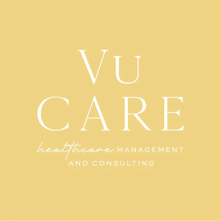 A beige background with white and light pink text that reads 'Vu CARE healthcare MANAGEMENT AND CONSULTING'.