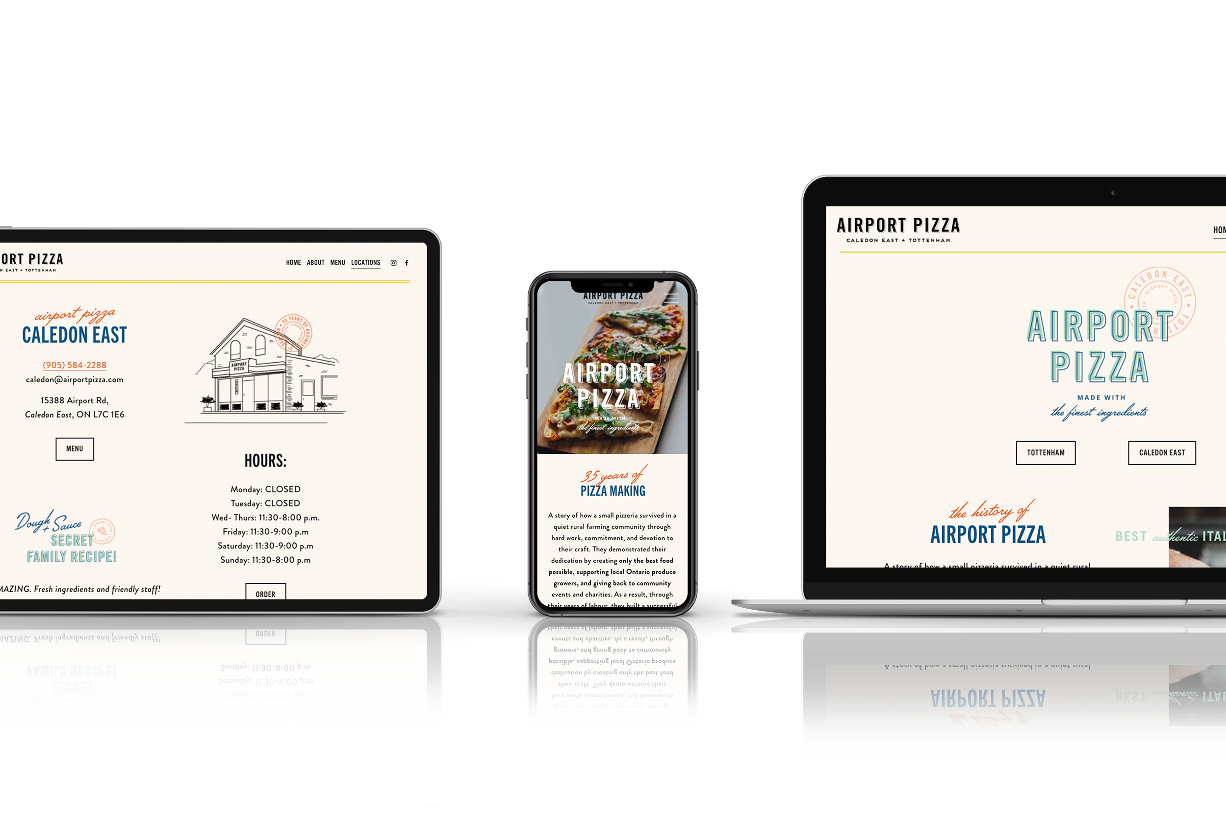 Multiple screens displaying the website for Airport Pizza with menu, contact information, and a photo of a pizza.