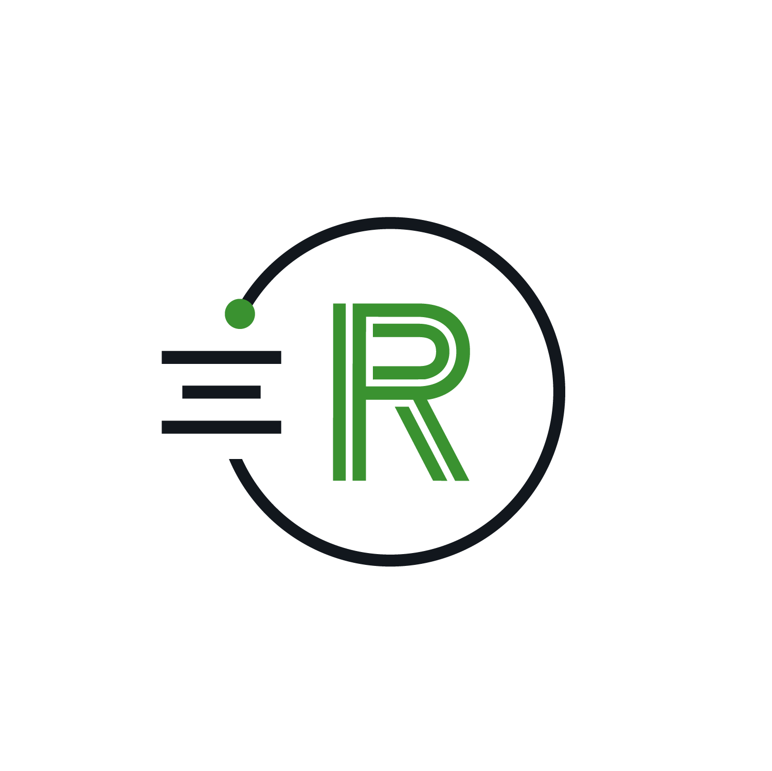 Logo with a letter R inside a circle, stylized with green and black lines, with a dot and three horizontal lines to the left, representing motion or speed.