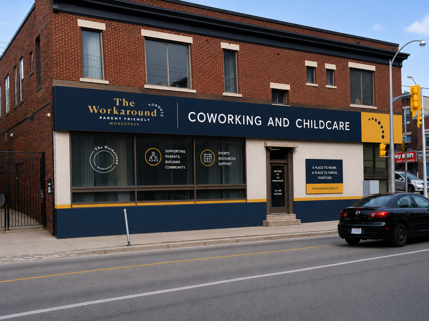 Exterior of a storefront for The Workaround, a coworking space offering childcare. The building has a brick upper story and a white and navy lower section. The signage reads 'The Workaround Parent Friendly Workspace' and 'Coworking and Childcare'. Large windows display icons and text promoting supporting parents, building community, events, resources, and support. There is a black door with steps and a sign saying 'Welcome to The Workaround'. A black car is parked in front, and a traffic light is visible on the street.