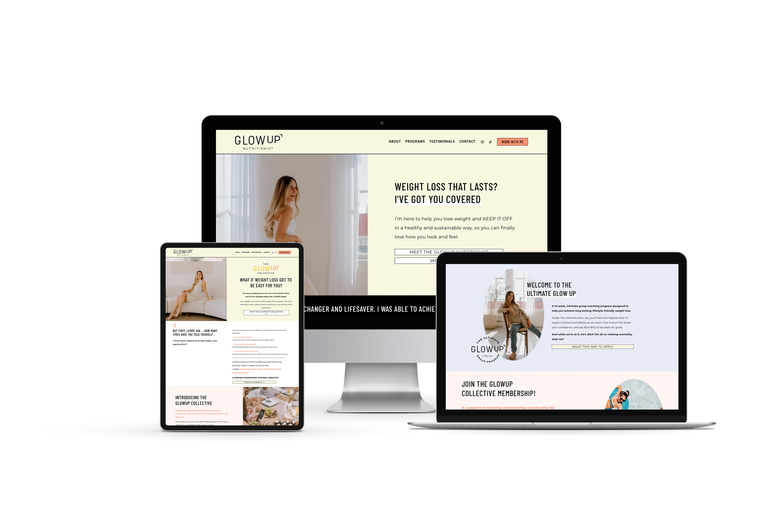 Digital display of a website for a nutritionist called 'Glow Up' shown on desktop, tablet, and laptop screens, featuring weight loss programs and membership offers.