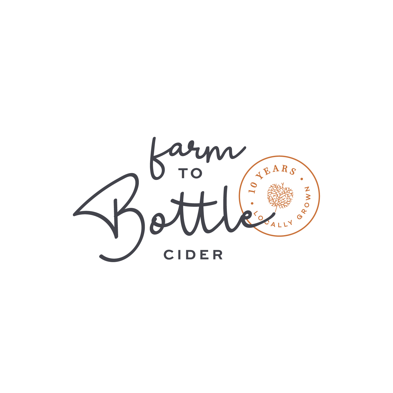 Text graphic celebrating 10 years of Betty's Cider with the phrase "from Bottie to Cider" and a circular badge that says "10 Years Locally Grown" with an illustration of a tree.