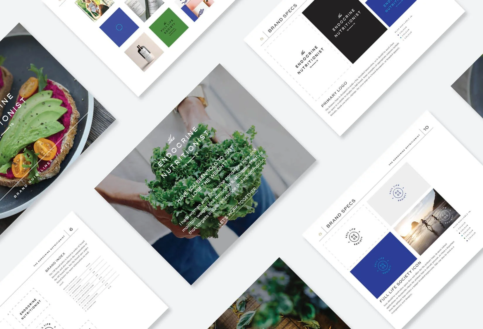 Collage of brand guideline and marketing images, featuring healthy food, logos for 'Endocrine Nutritionist,' and lifestyle imagery.