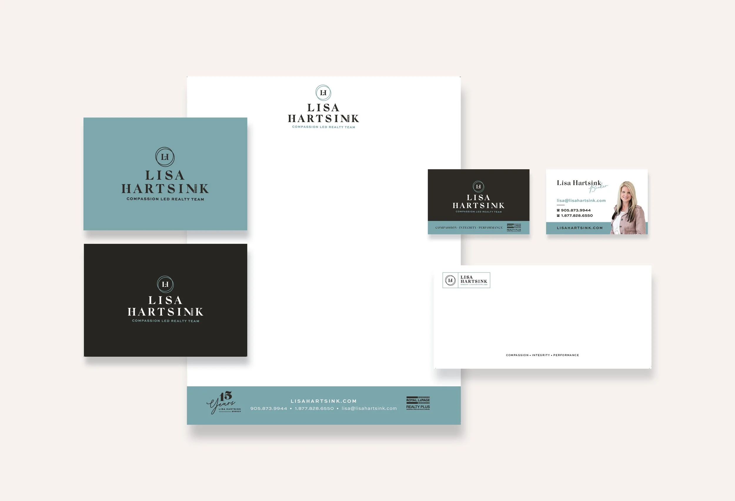 Business stationery for Lisa Hartsink, Compassion Led Realty Team, including business cards, envelopes, and letterhead with branded design elements.