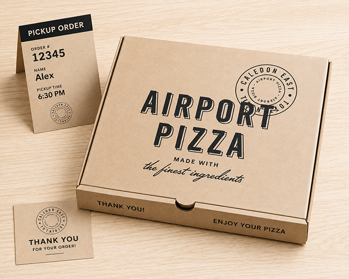 Box of airport pizza with a pickup order ticket and thank you notes on a wooden surface.