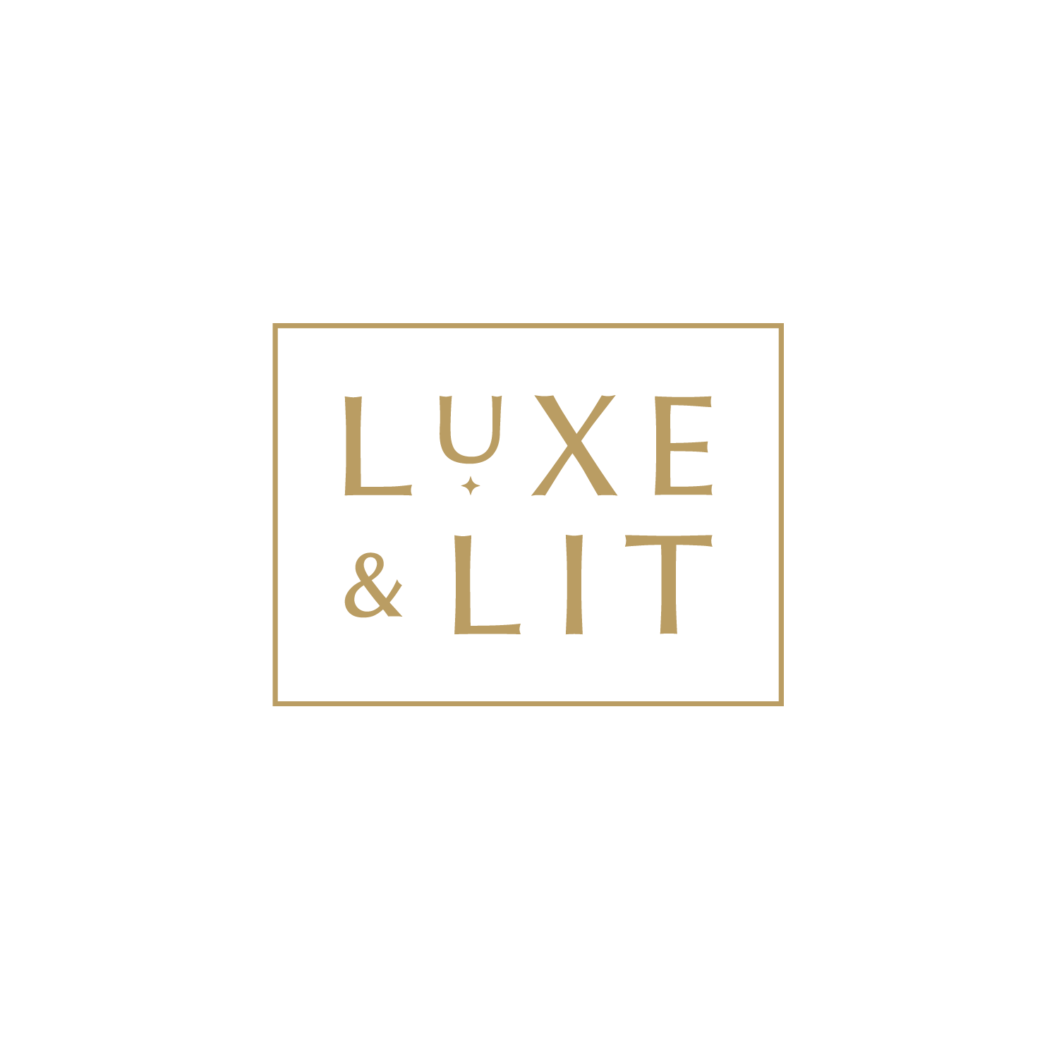 A black square with a gold-bordered square in the center containing the words 'LUXE & LIT' in gold uppercase letters.