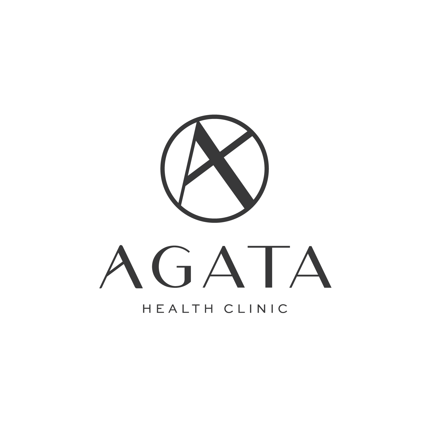 Logo for Agata Health Clinic featuring a black background, a stylized circular symbol with a star and crescent shape, and the clinic name in modern font.