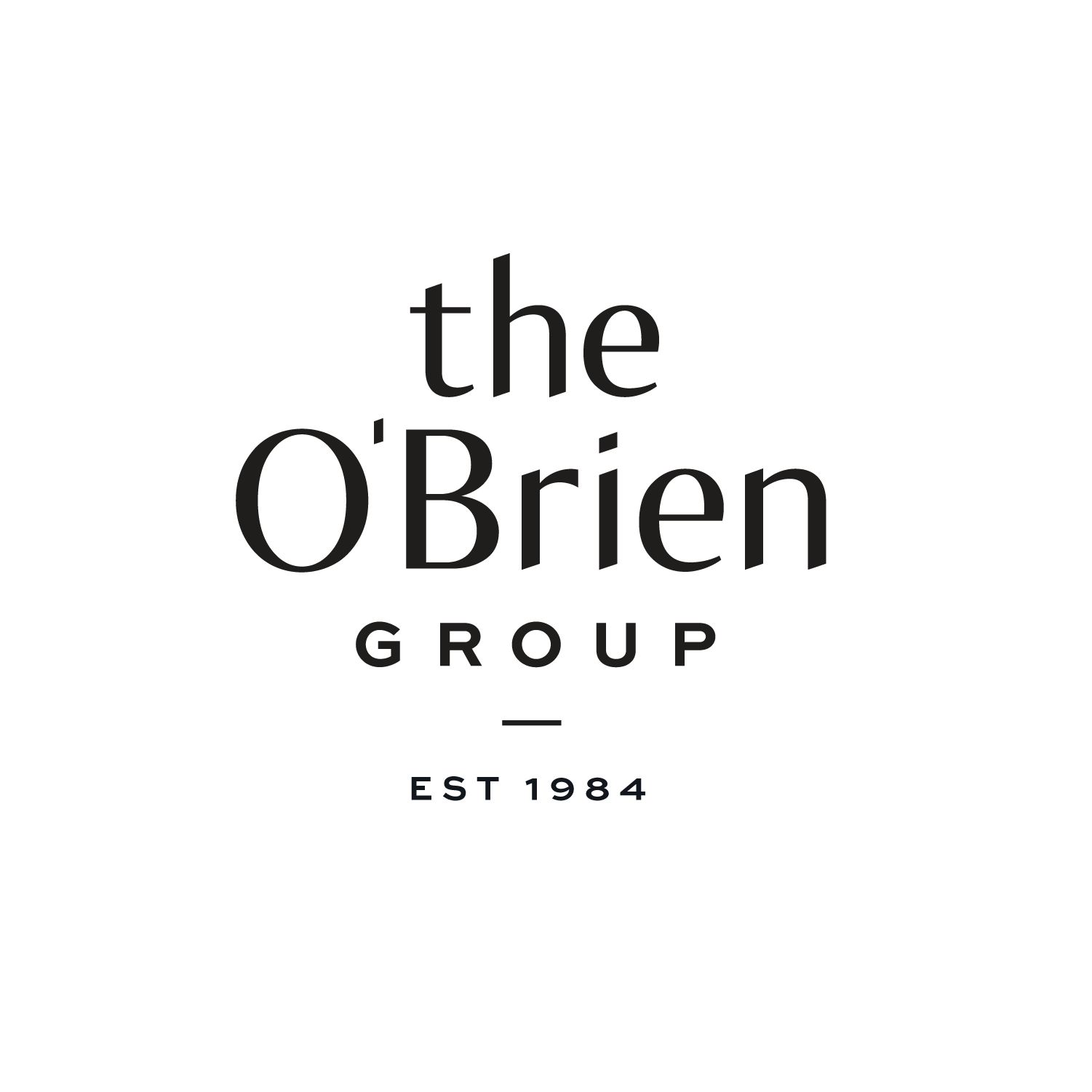Logo of the O'Brien Group, established in 1984, featuring a black background with gray and light blue text.