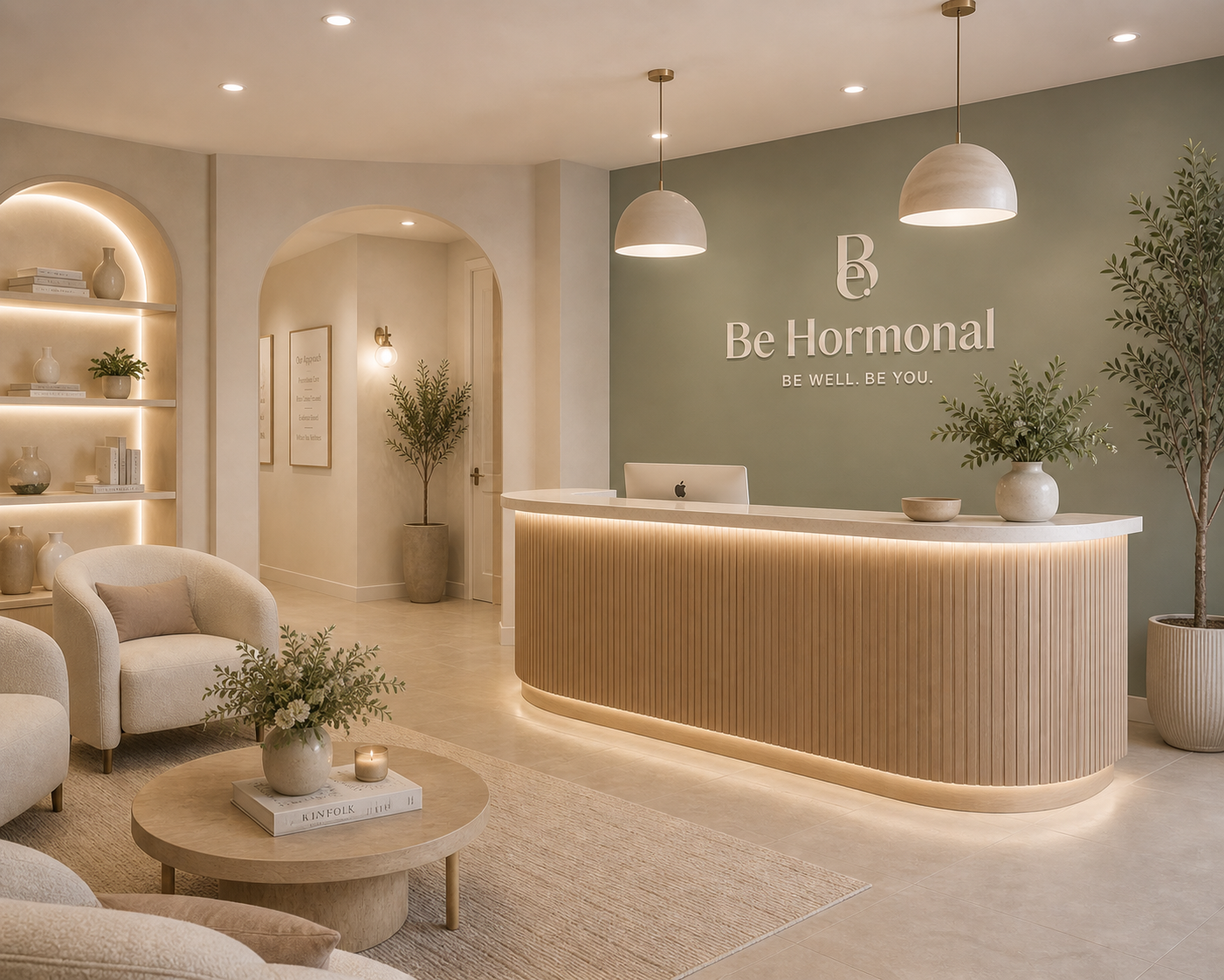 Modern reception area with a curved wooden front desk, greenery in vases, beige couch, round coffee table with a vase and book, illuminated shelves with decorative items, framed artwork, soft lighting, and a sign on the green wall reading 'Be Hormonal' with the slogan 'Be Well. Be You.'