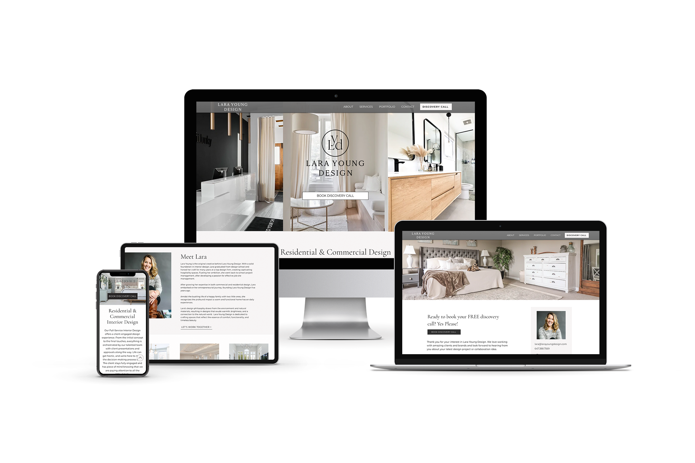 Mockup of a website for Lara Young Design displayed on desktop, laptop, tablet, and smartphone screens, showcasing interior design services.