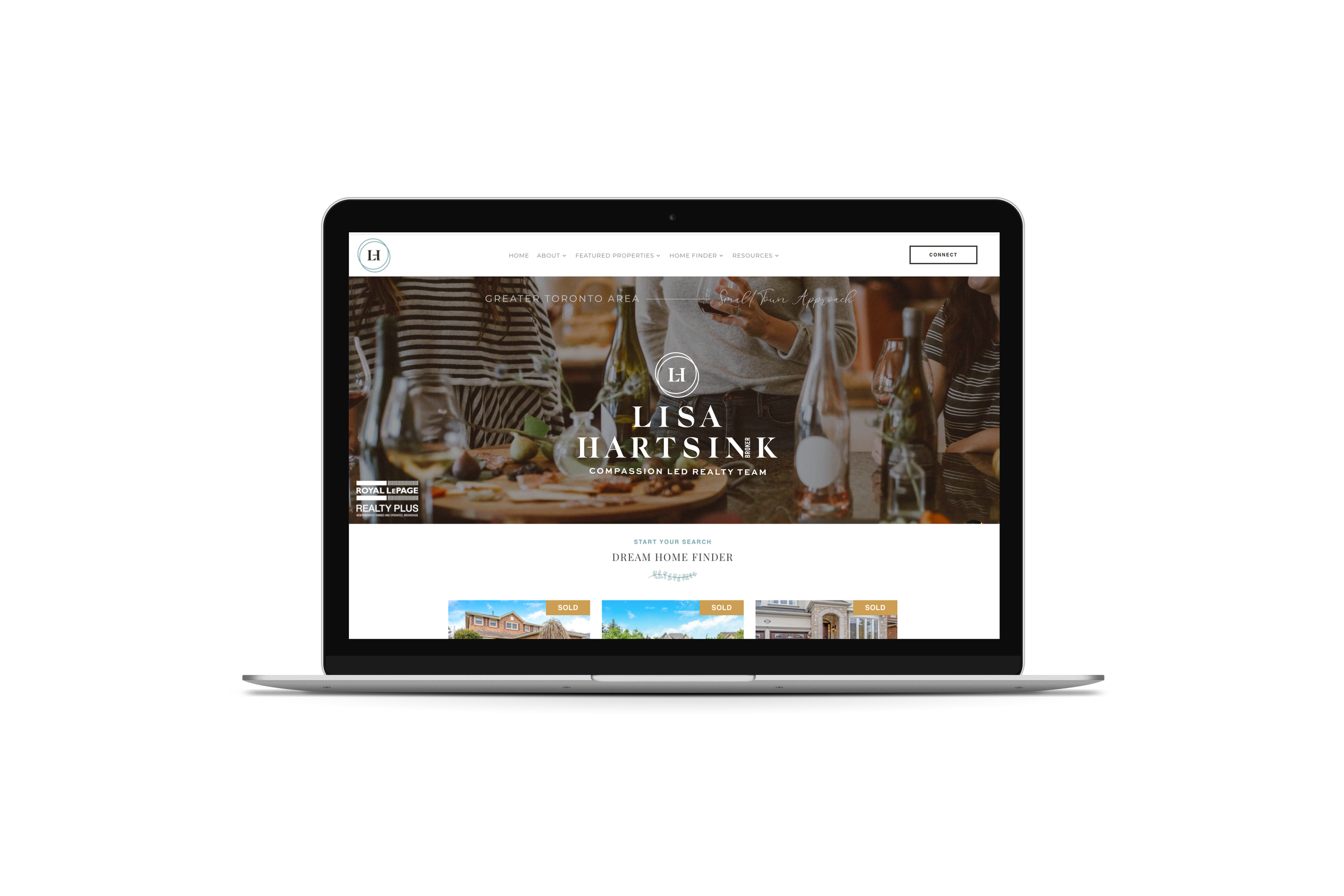 Laptop displaying a real estate website with homepage for "Lisa Hartsink, Compassion Led Realty Team". Features text about home search and listings, including images of properties listed as 'sold'. Layout includes navigation menu and contact button.