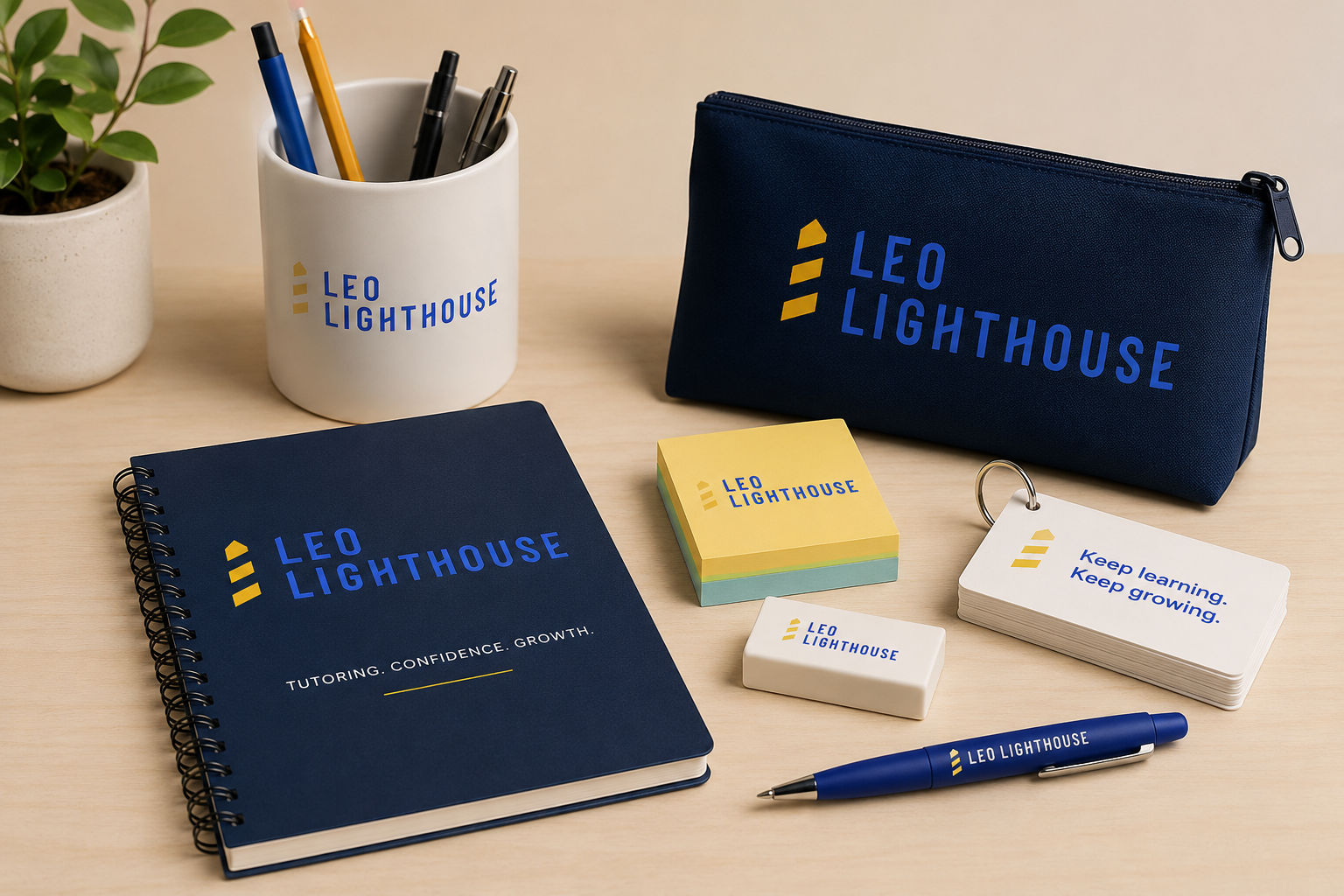 Various office supplies with LEO LIGHTHOUSE branding, including a notebook, pen, sticky notes, eraser, keychain, pencil case, mug holding pens, and a small potted plant.