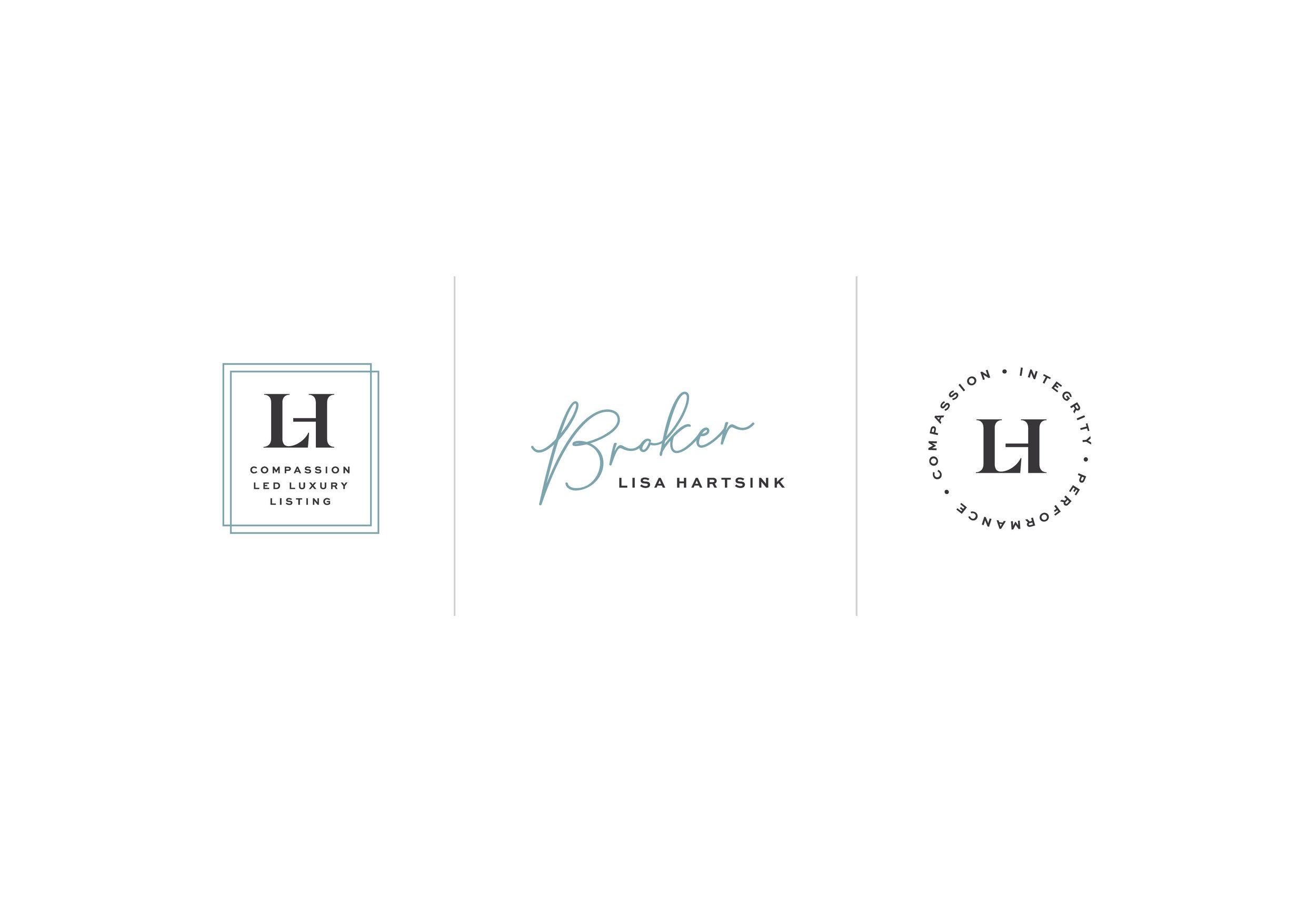 Set of three logos for a luxury real estate broker, featuring "LH" initials, "Compassion Led Luxury Listing," "Broker Lisa Hartsink," and "Compassion Integrity Performance."