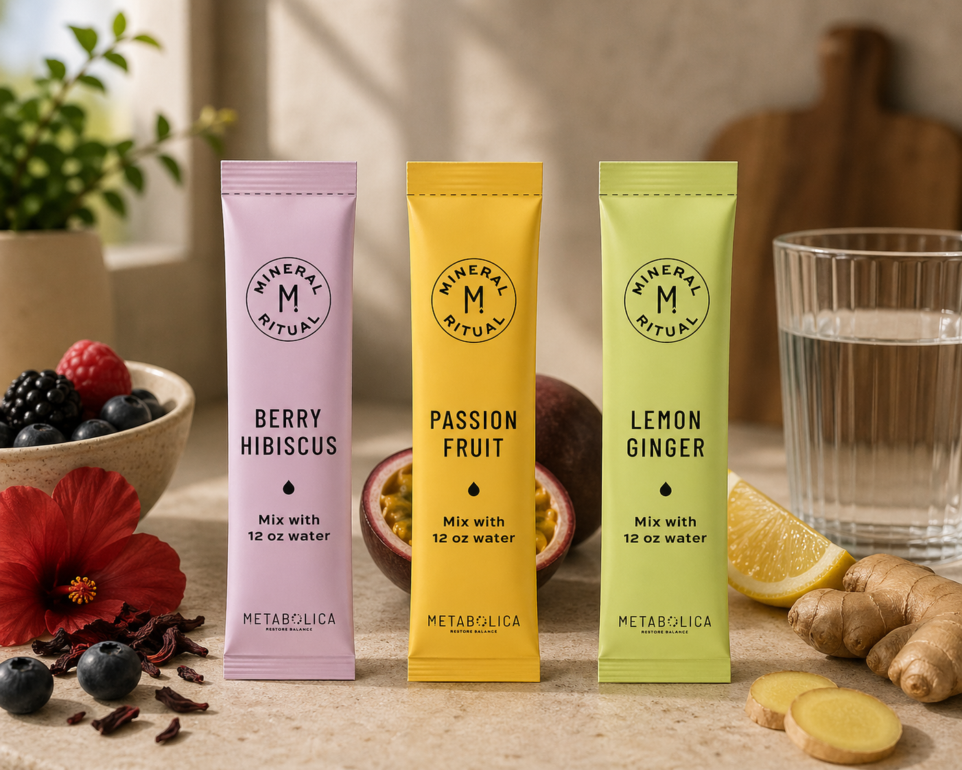 Three colorful packets of mineral ritual drink mixes in pink, yellow, and green, labeled Berry Hibiscus, Passion Fruit, and Lemon Ginger, with a glass of water, lemon, ginger root, and fresh berries on a wooden surface.