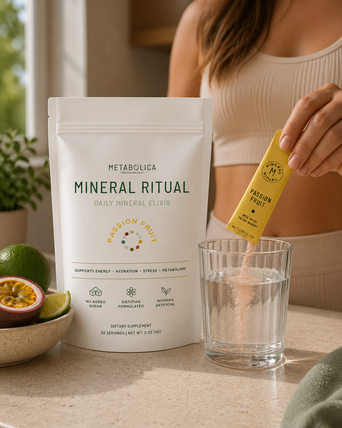 A person adding Passion Fruit Mineral Ritual powder to a glass of water, with a packet and a bag on the table, along with a bowl of passion fruit and lime wedges.