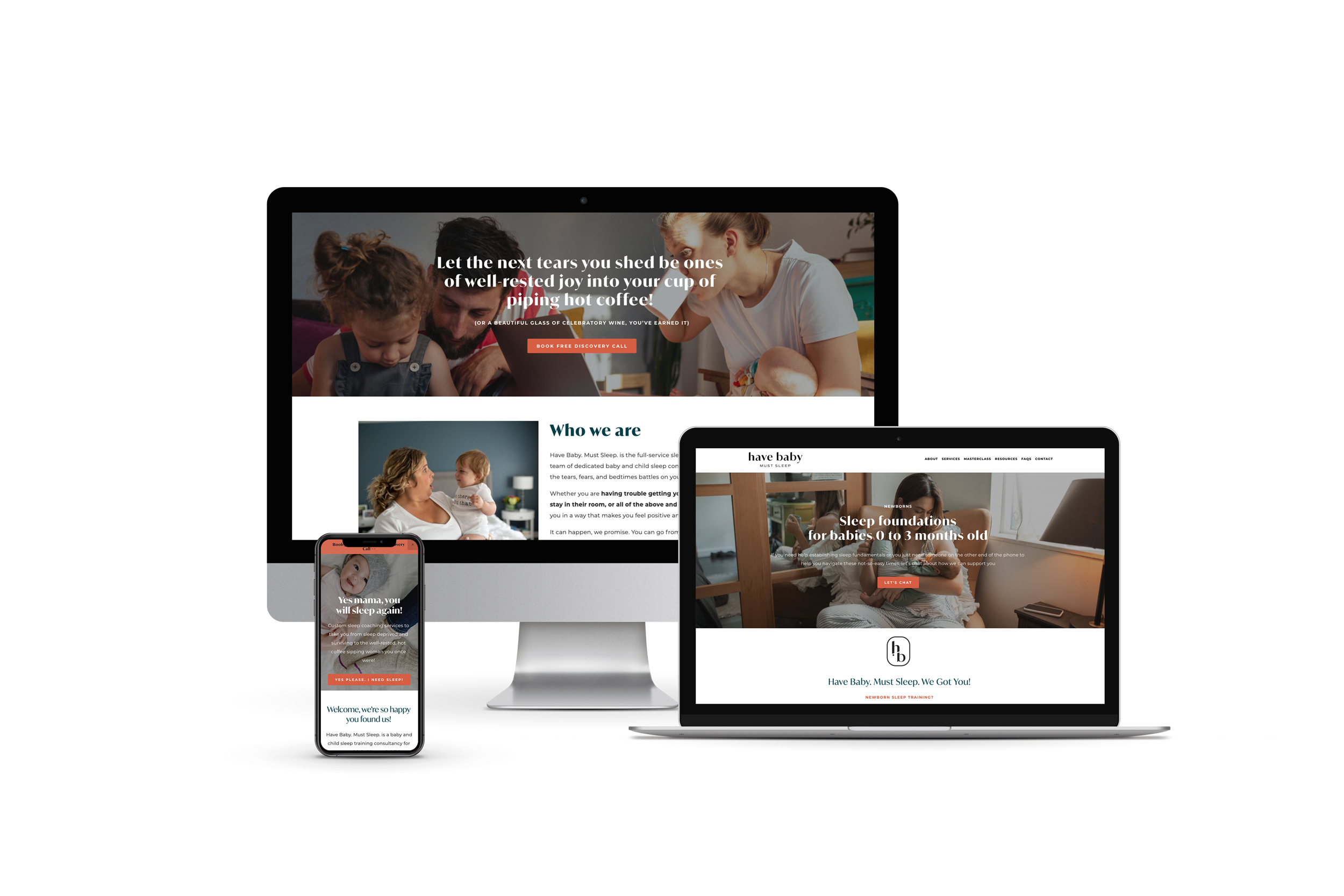 Multiple electronic devices displaying websites related to parenting and sleep training for babies and mothers on a black background.