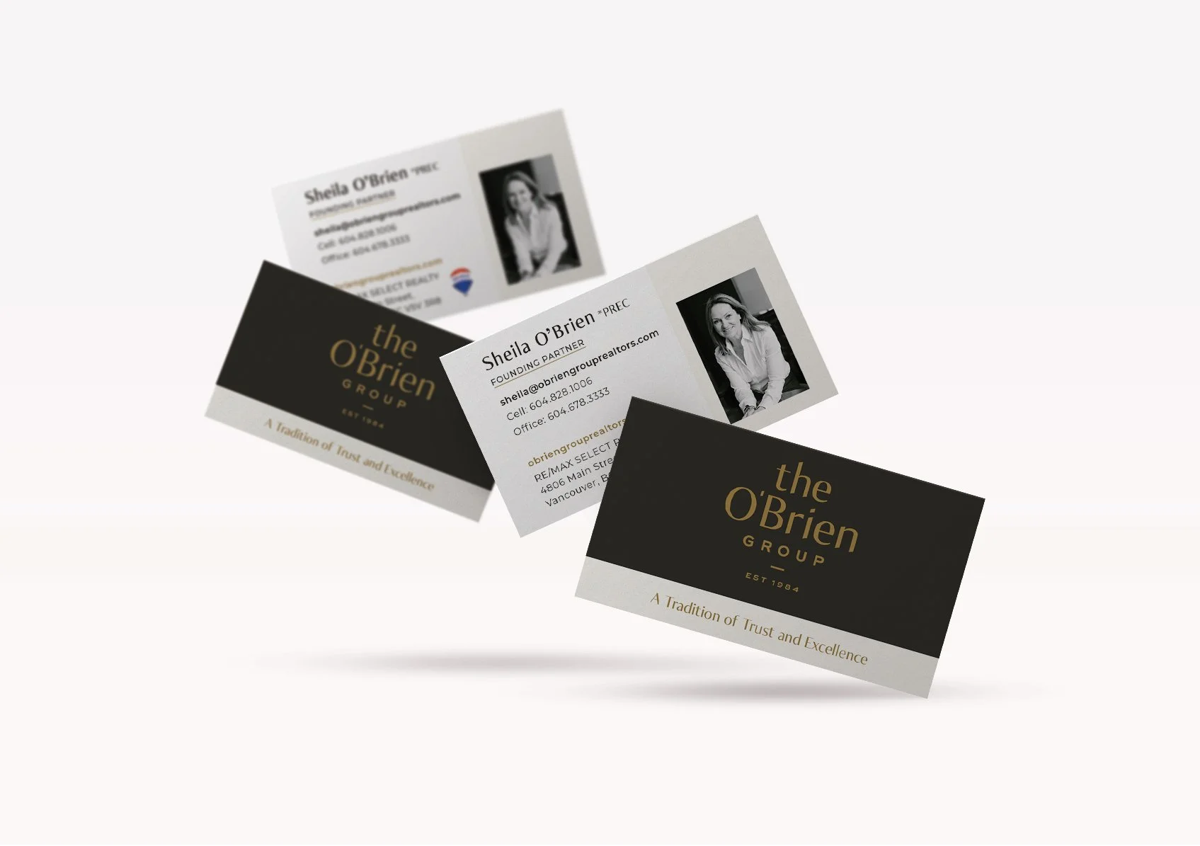 Business cards for Sheila O'Brien from The O'Brien Group, featuring her contact information, photo, and branding with black and gold design elements.