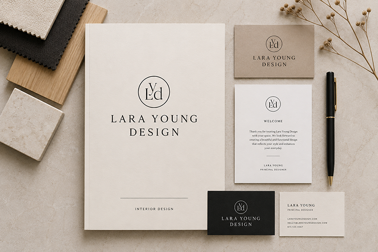 Flat lay of branding materials including a large white notebook or portfolio with 'Lara Young Design' and 'Interior Design' printed on it, two small business cards, a white and a black card both with the logo, a white welcome card with professional message, a black pen, fabric swatches in beige, gray, and marble patterns, and some dried flowers on a light beige background.