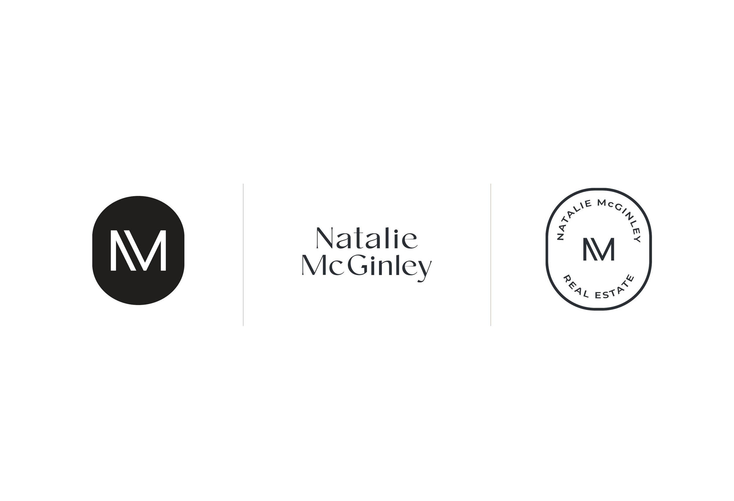 Logo and branding for Natalie McGinley Real Estate, featuring a monogram "NM" in black and white variations.