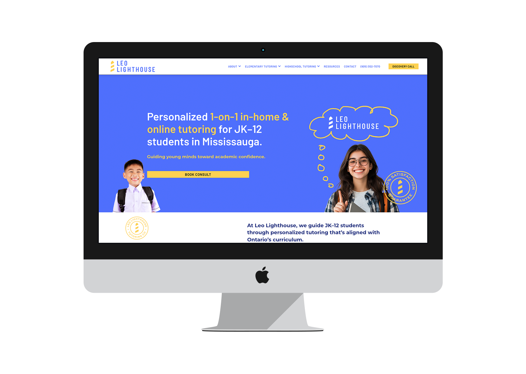 Website homepage for Leo Lighthouse, an in-home and online tutoring service for JK-12 students in Mississauga. The page features a bright blue background with images of smiling children, one boy and one girl, and includes text about personalized tutoring and a call-to-action button for booking a consultation.