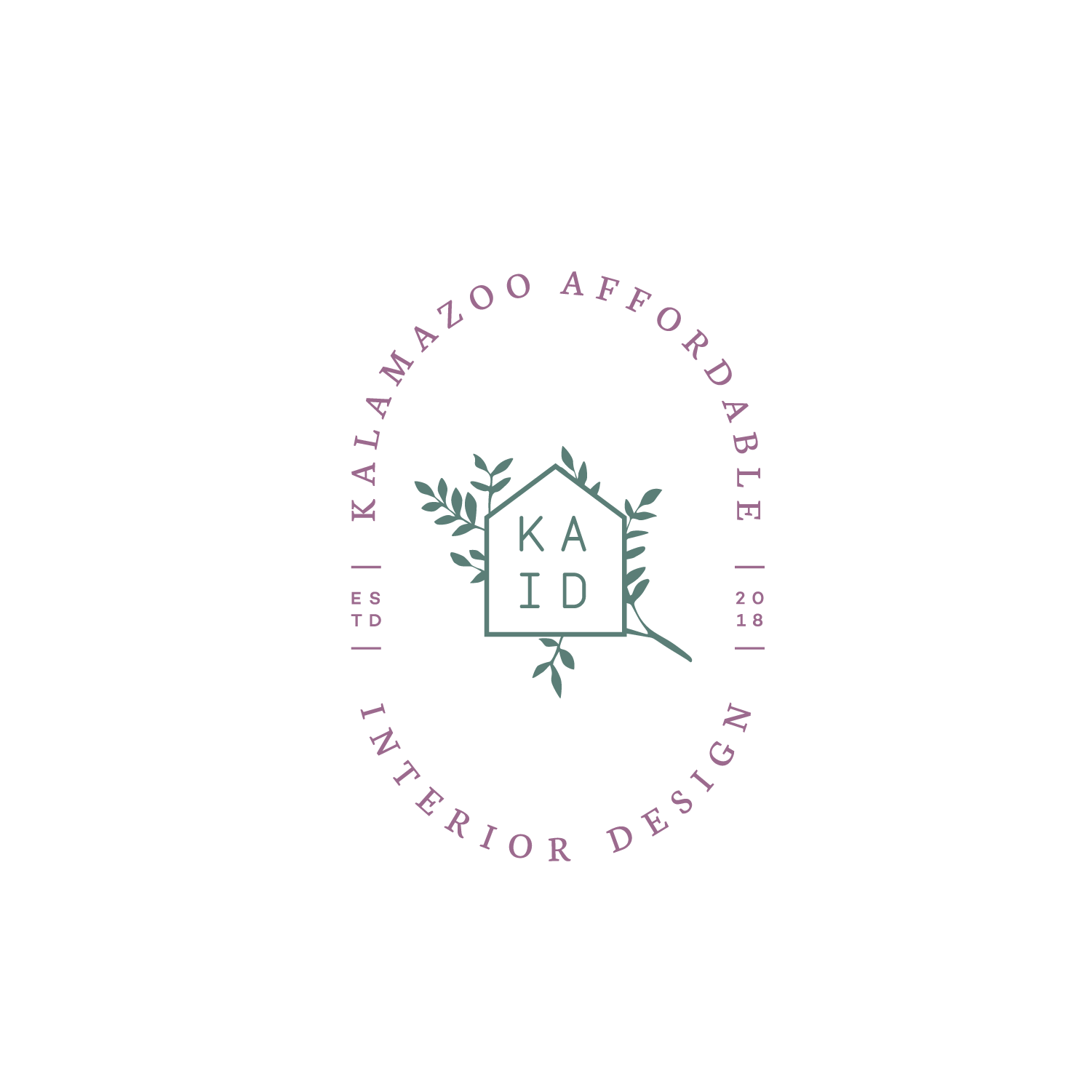 Logo for Kaila M. Kazoo Aesthetics, featuring a house outline entwined with leaves, with the initials K, A, I, D inside, and the text 'Kailam Kazoo Aesthetic' and 'International Designer' surrounding