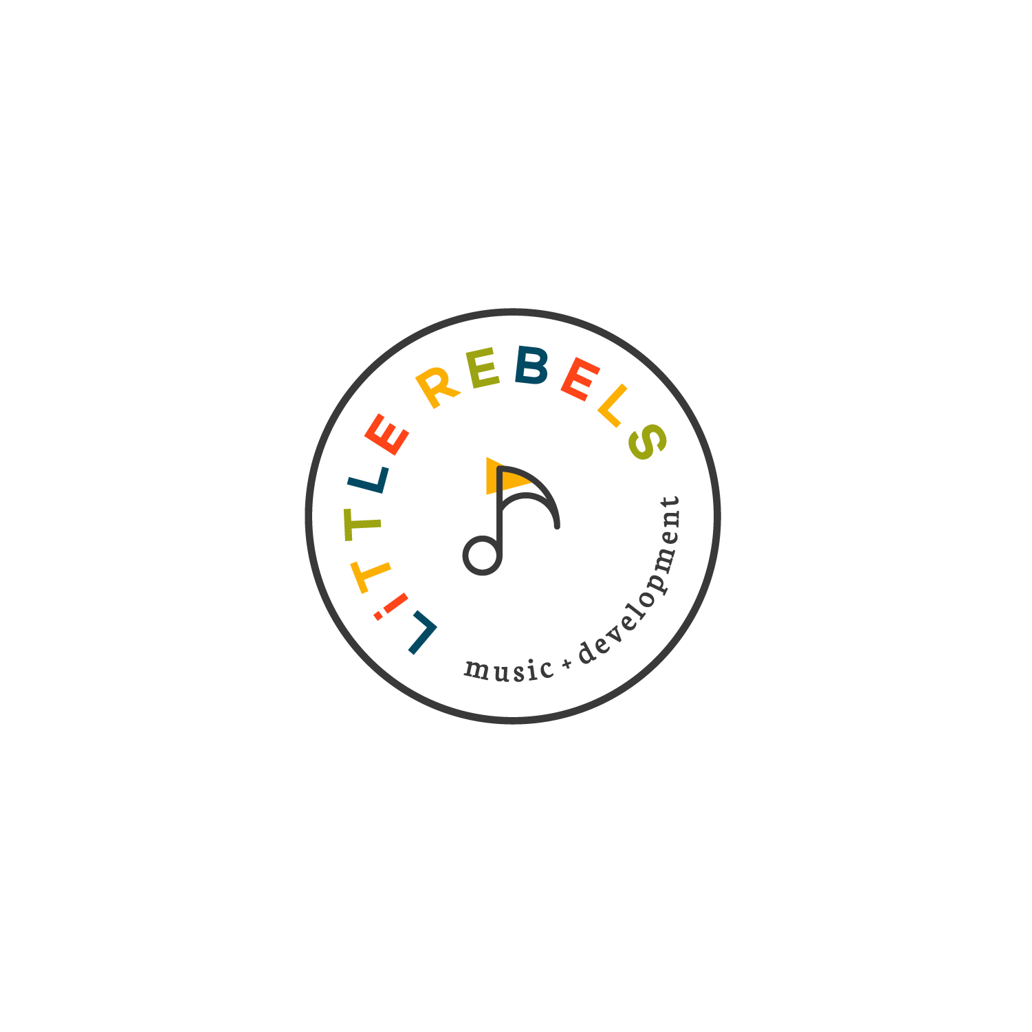 Logo for 'Little Rebels music + development' with a circular design featuring a black background, colorful text in red, orange, yellow, green, and blue, and a small triangle and circle element in the center.