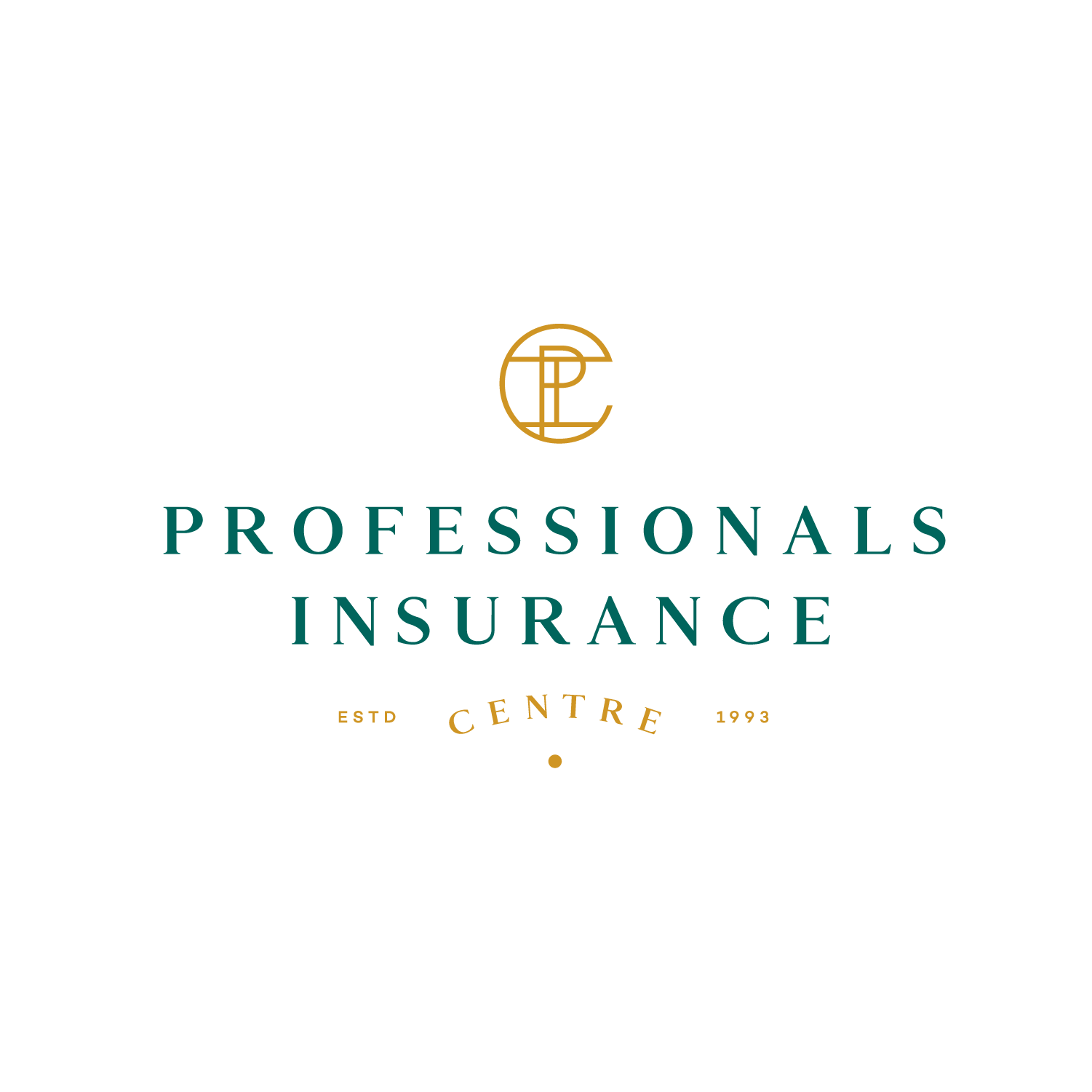 Logo for Professionals Insurance, featuring a stylized 'P I' in gold within a circle, with the company name in teal and gold text, and mentioning it was established in 1993.
