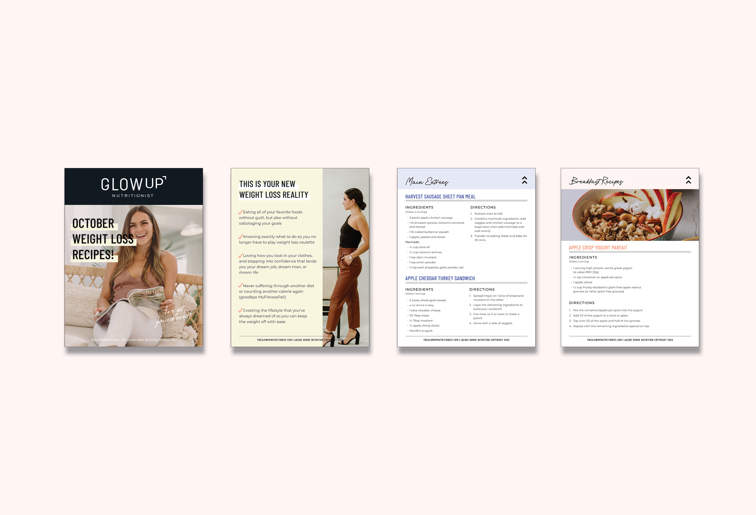 A nutrition guide featuring weight loss recipes for October from Glow Up Nutritionist. It includes a cover image with a woman holding a dish, motivational text about new weight loss realities, and recipe details for meals like Harvest Sausage Sheet Pan Meal, Apple Cheddar Turkey Sandwich, and Apple Crisp Yogurt Parfait with corresponding ingredients and directions.