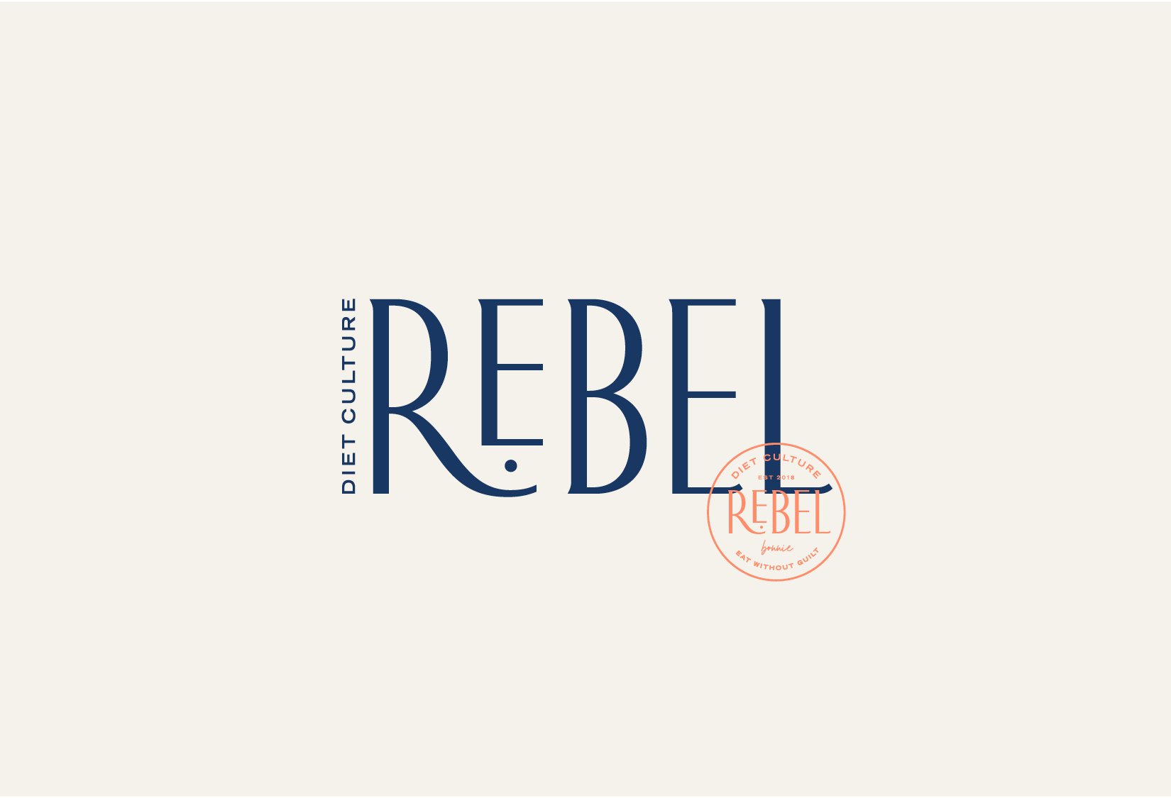 Logo with the text "DIET CULTURE REBEL" in navy blue and orange. The word "Rebel" is prominently featured with a stylish font, accompanied by an orange circular stamp graphic. The stamp includes additional text: "DIET CULTURE EST. 2018 EAT WITHOUT GUILT."