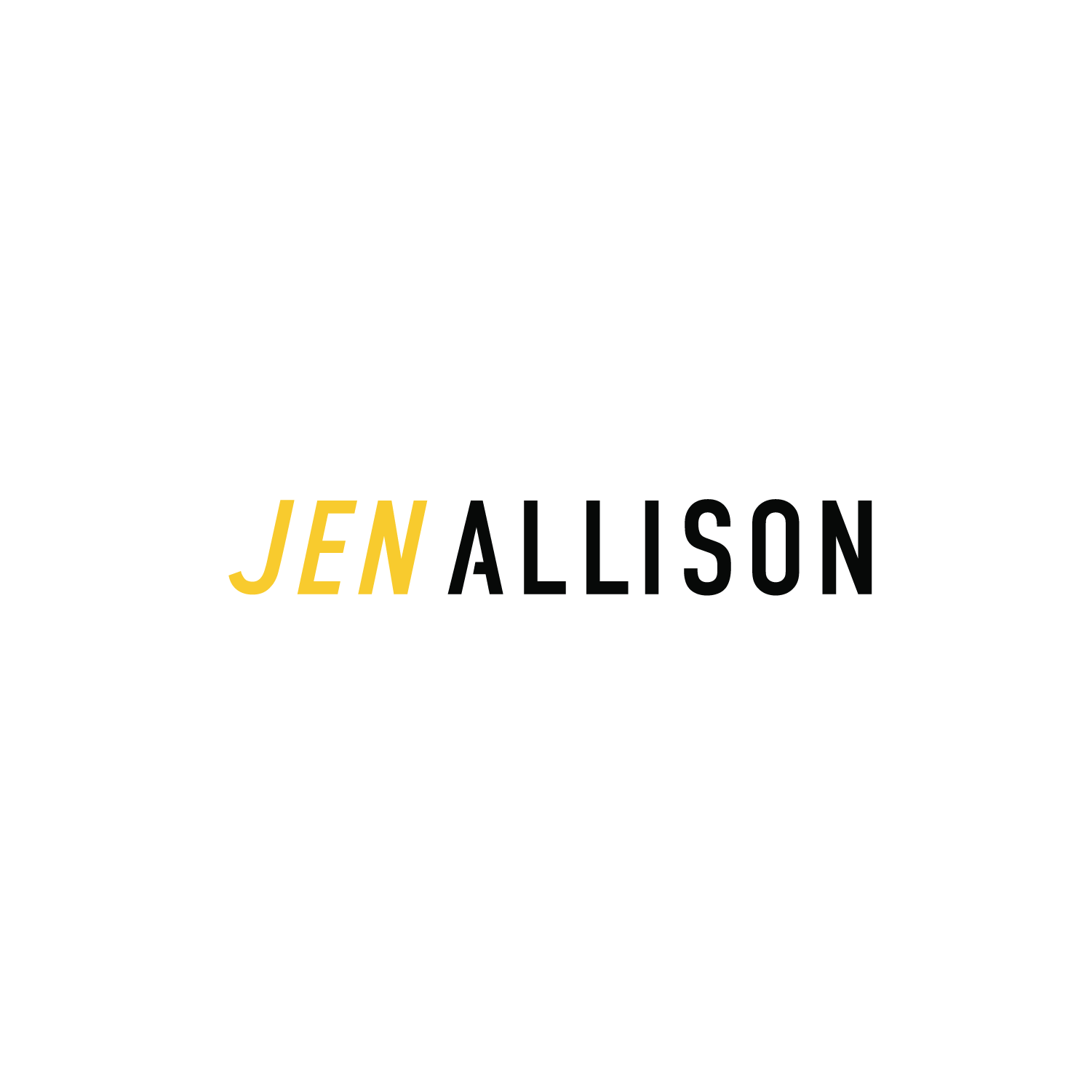 Graphic with the name 'Jen Allison' in black font, with 'Jen' in yellow and italicized, set against a black background.