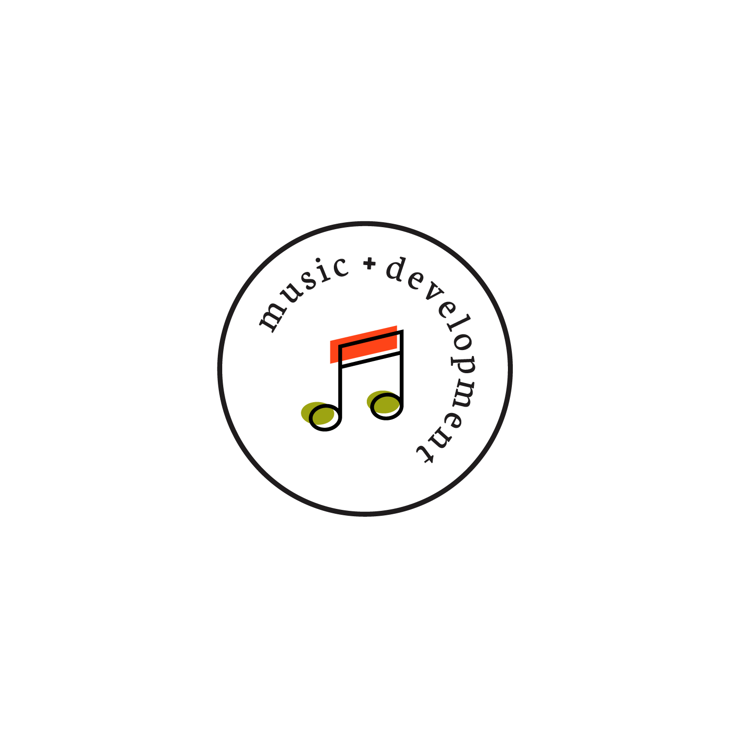 Circle logo with the words "music + development" around the edge, a red guitar pick, and a pair of green headphones inside.