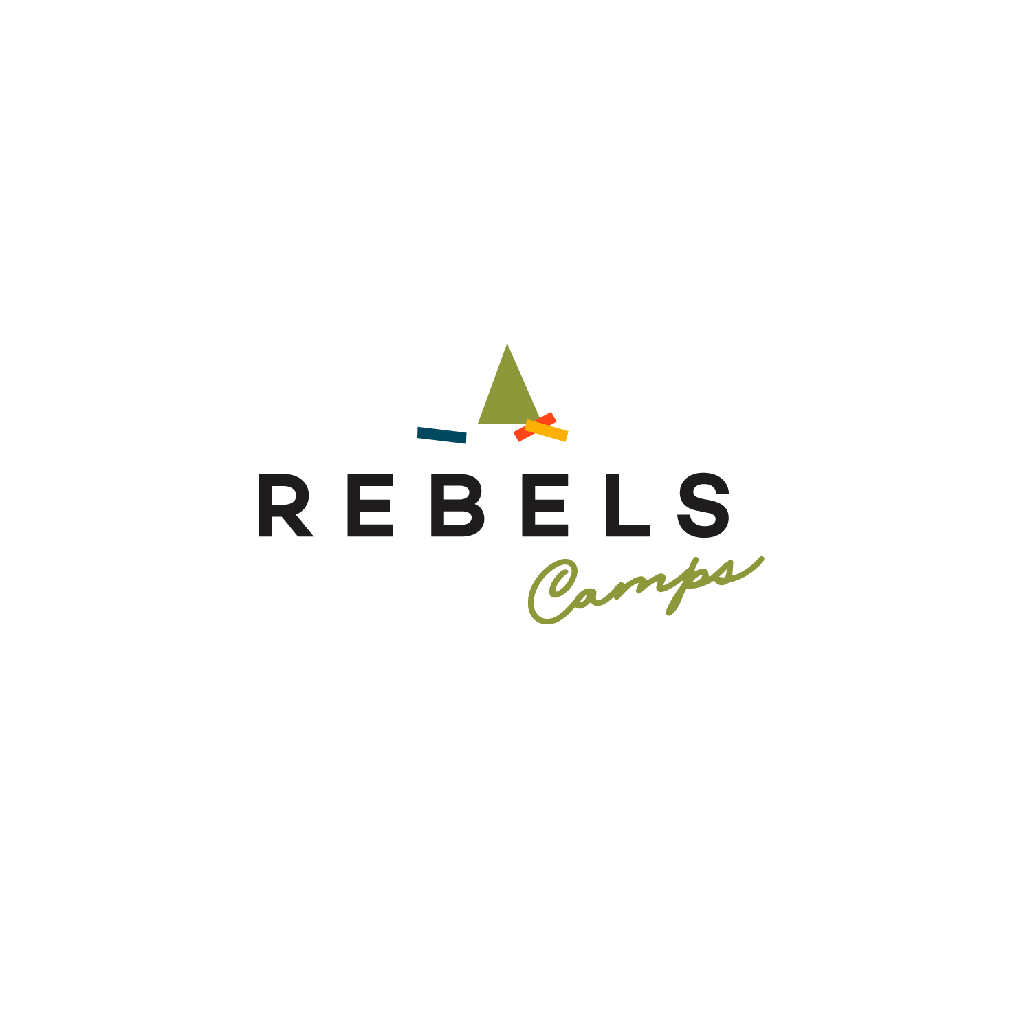 Logo with a green tent, orange, blue, and red camping gear, and the text 'Rebels Camps' in black and green letters.