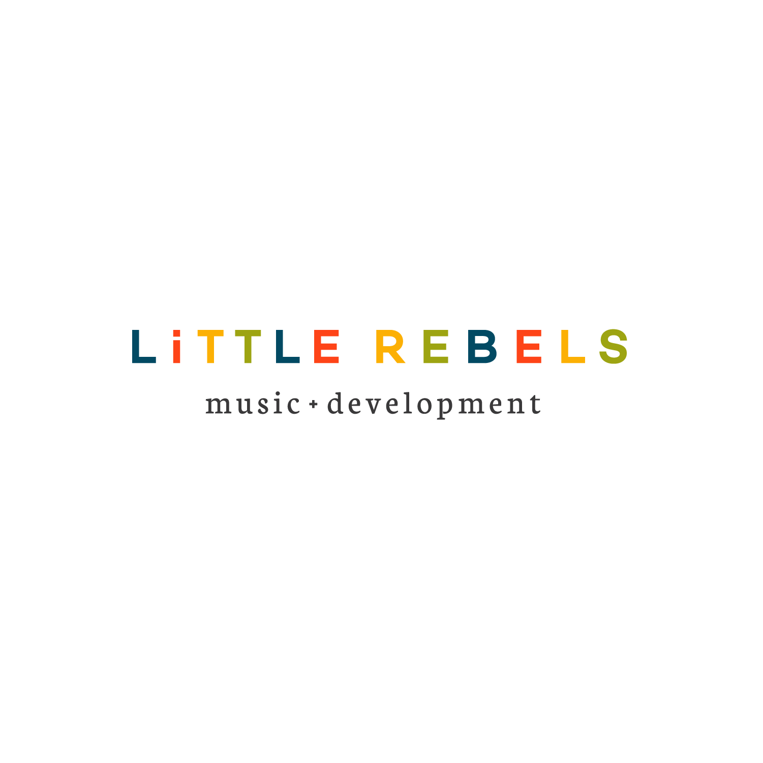 Logo for Little Rebels music and development with colorful letters spelling 'LITTLE REBELS' and black text 'music + development' below.