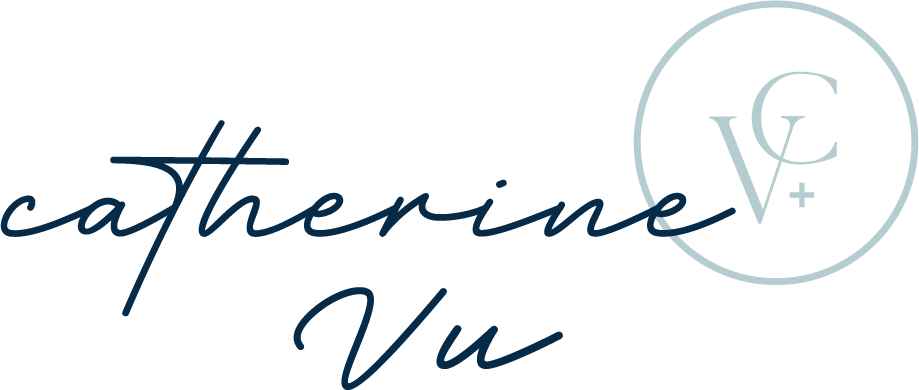 A logo with the name 'Catherine Vu' in cursive text and a light gray circular emblem with the initials 'V' and 'C+' inside.