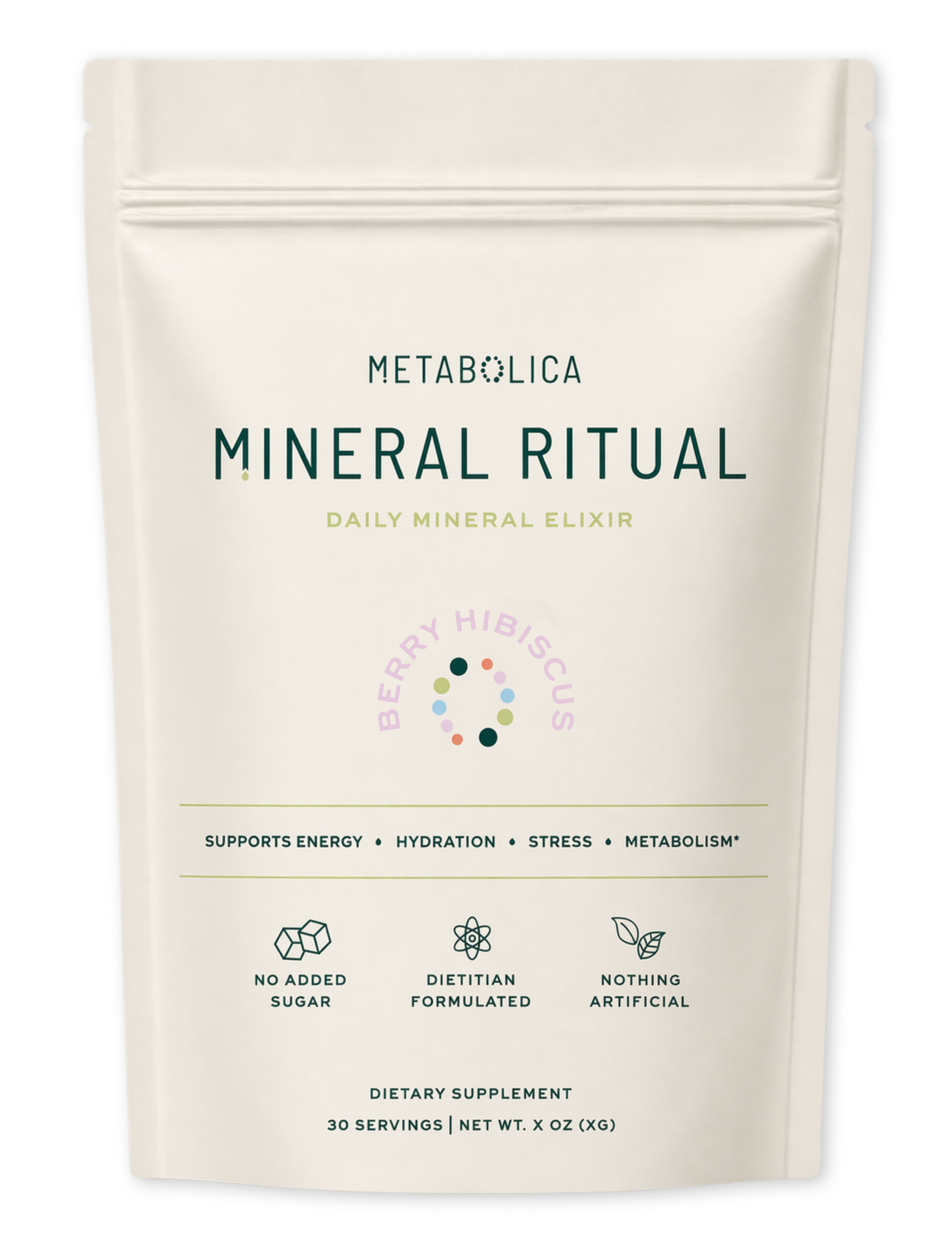 Package of Metabolica Mineral Ritual daily mineral elixir dietary supplement, featuring design icons indicating no added sugar, dietitian formulated, nothing artificial, 30 servings, net weight not specified.