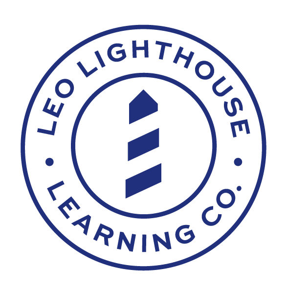 Logo of Leo Lighthouse Learning Co. with a circular blue border, a lighthouse icon in the center, and the company name around it.