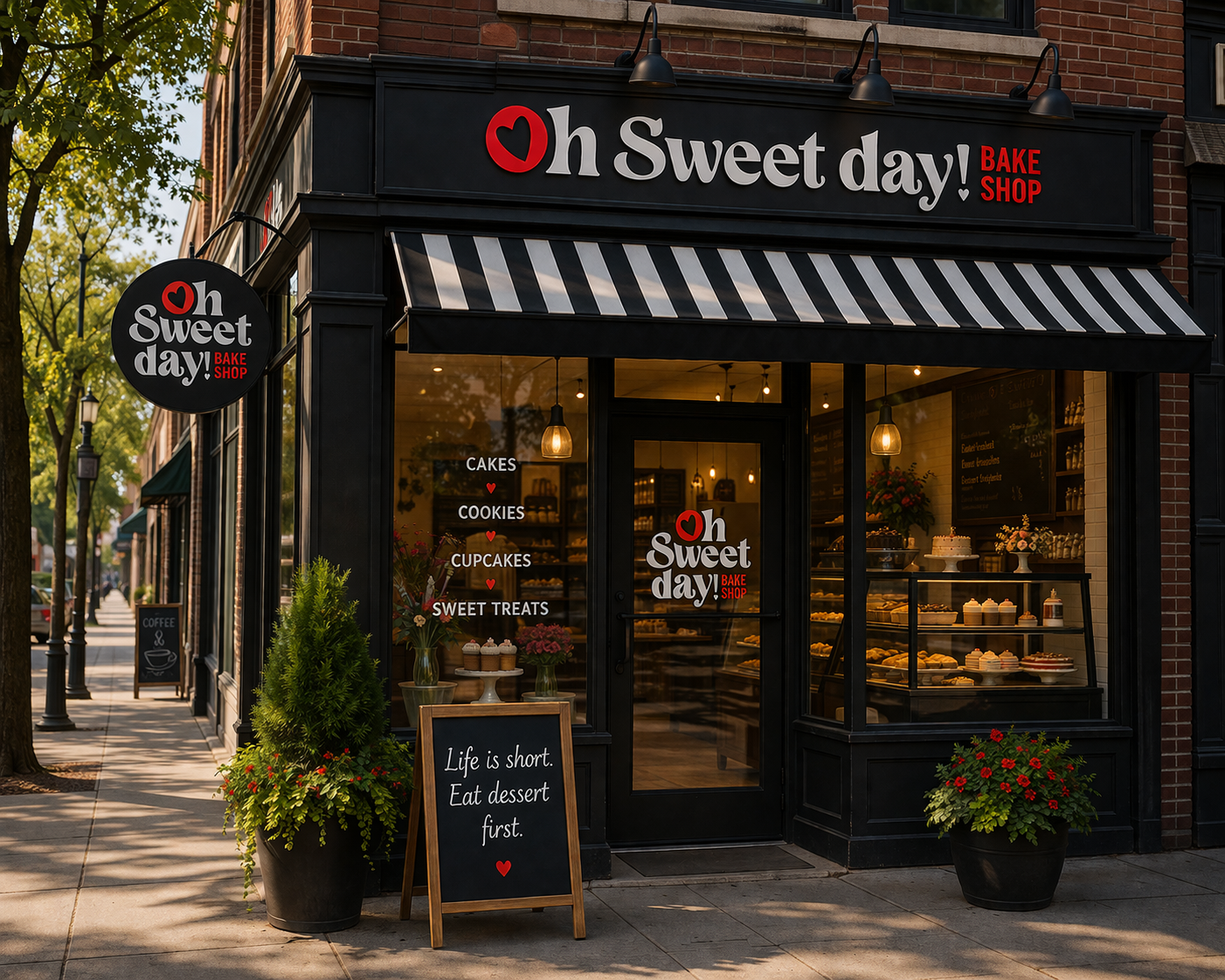 Exterior of a bakery called 'Oh Sweet Day! Bake Shop' with black storefront, striped awning, and glass display case filled with baked goods. Potted plants are outside, and a chalkboard sign reads, 'Life is short. Eat dessert first.' Trees line the sidewalk and a lamppost is visible on the street.