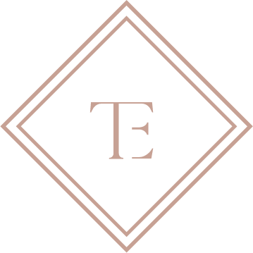 Elegant logo with a black background, pink geometric diamond shape, and the letter 'E' in the center.