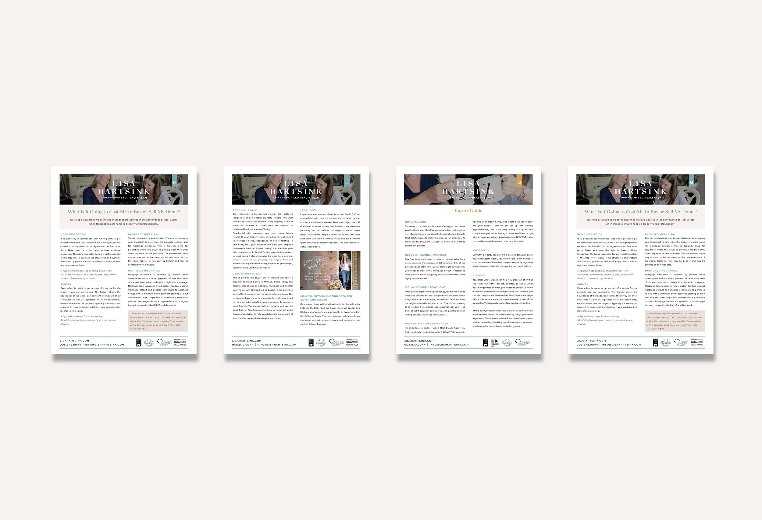 Four real estate informational flyers from Lisa Hartsink with content on home buying and selling costs and guides.